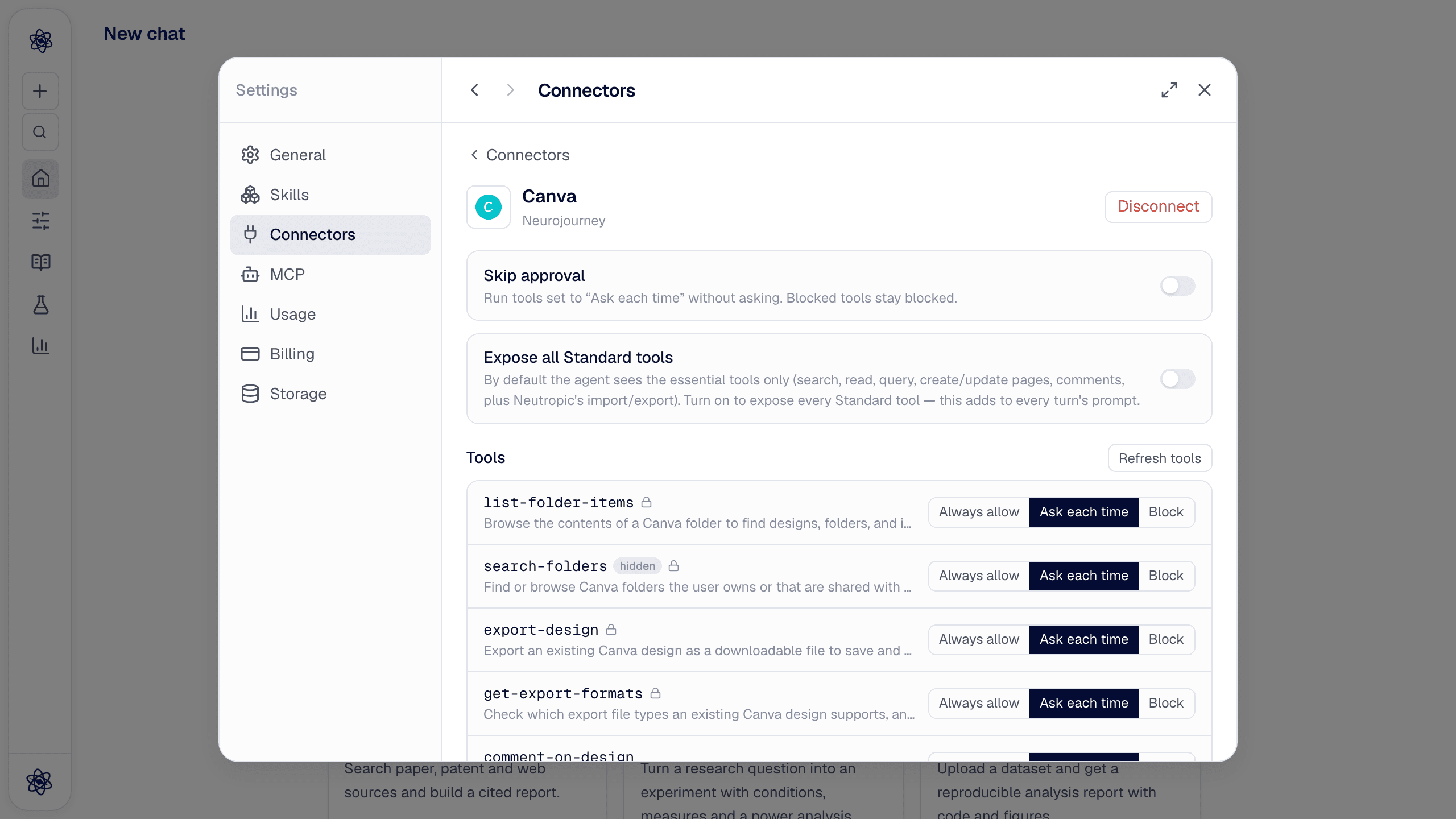 The Canva detail view: Skip approval, and Always allow / Ask each time / Block for each tool.