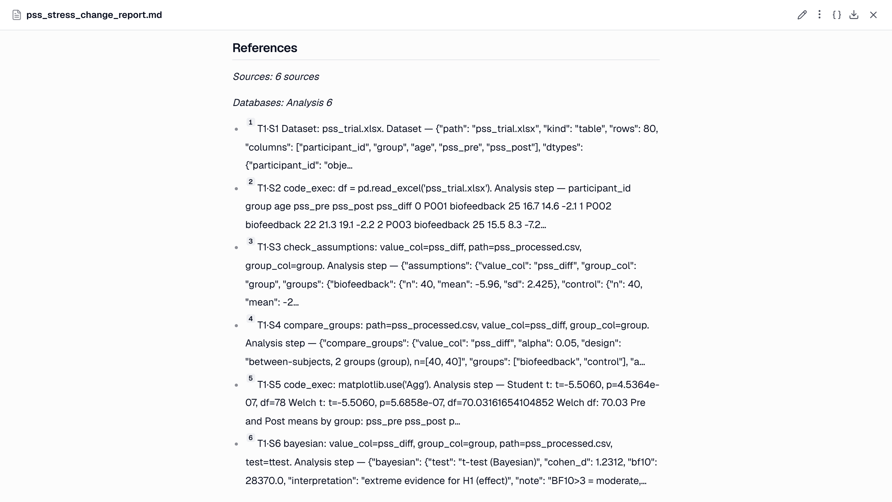The References section: the dataset and each analysis step, labelled Dataset or Analysis step, with the arguments it ran with and the start of its output.