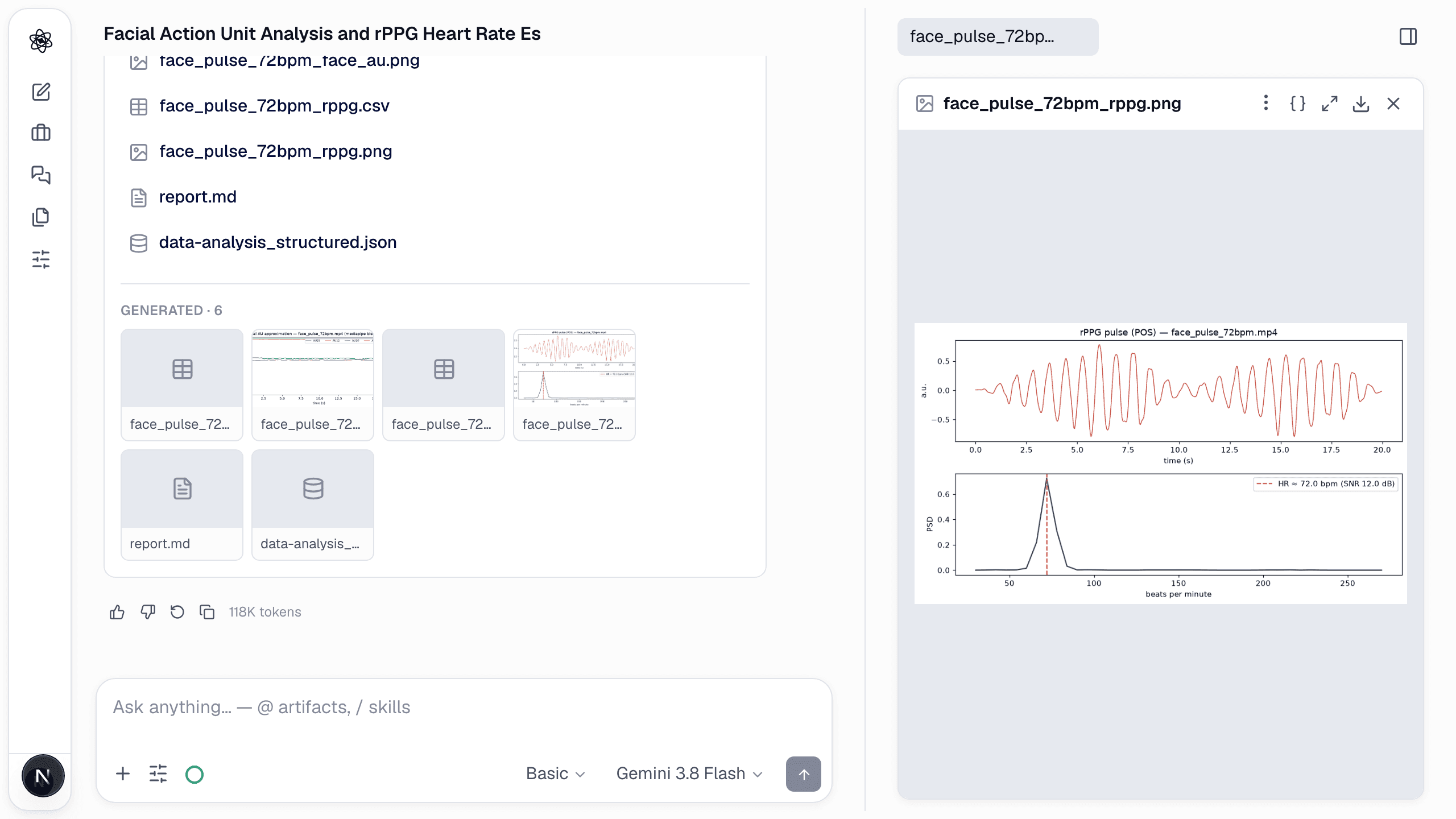 The rPPG pulse and its spectrum: HR = 72.0 bpm at 12 dB SNR.