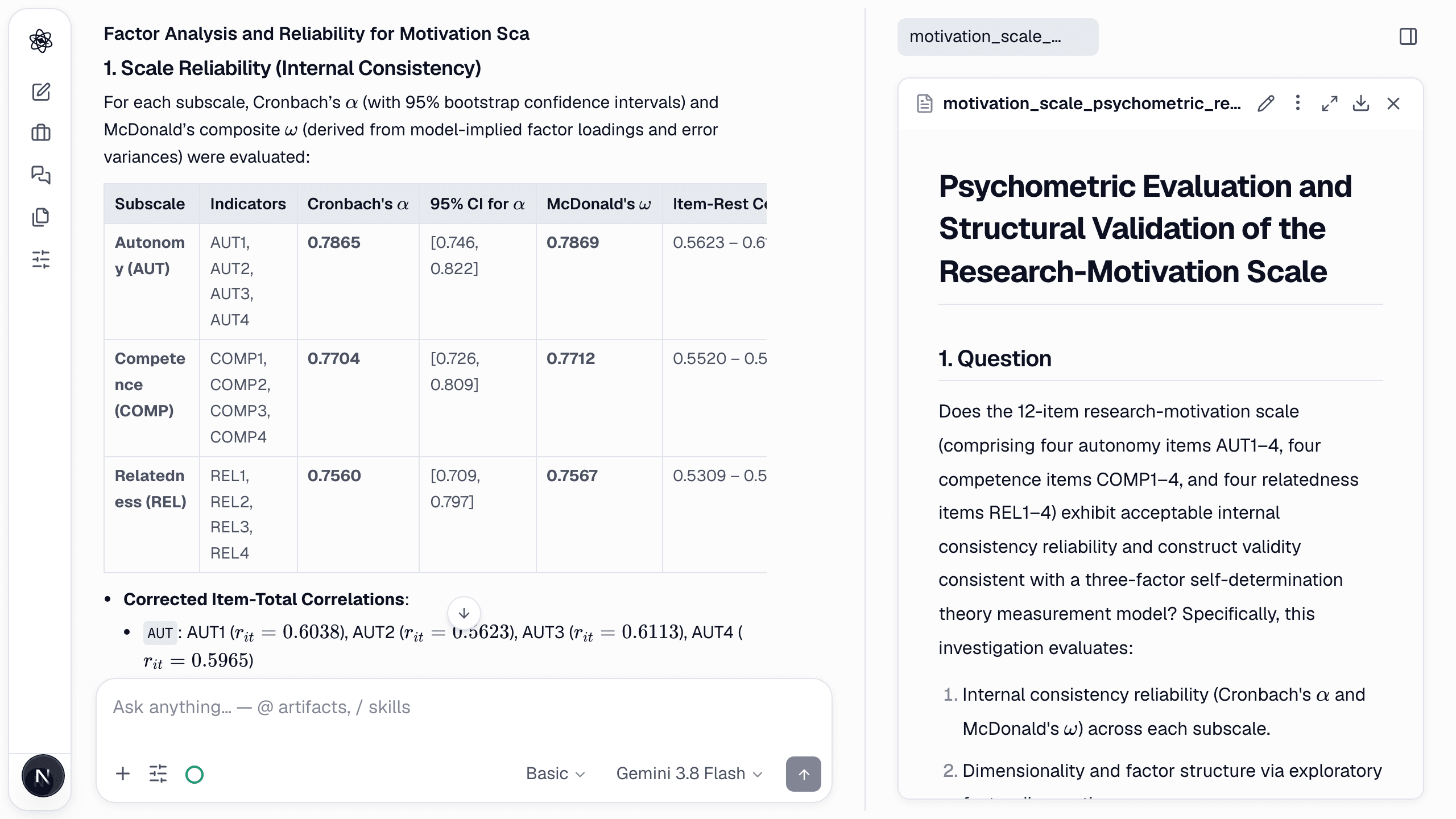 Reliability per subscale: α with 95% bootstrap CI, ω, and item-rest correlations — in the chat and in the report.