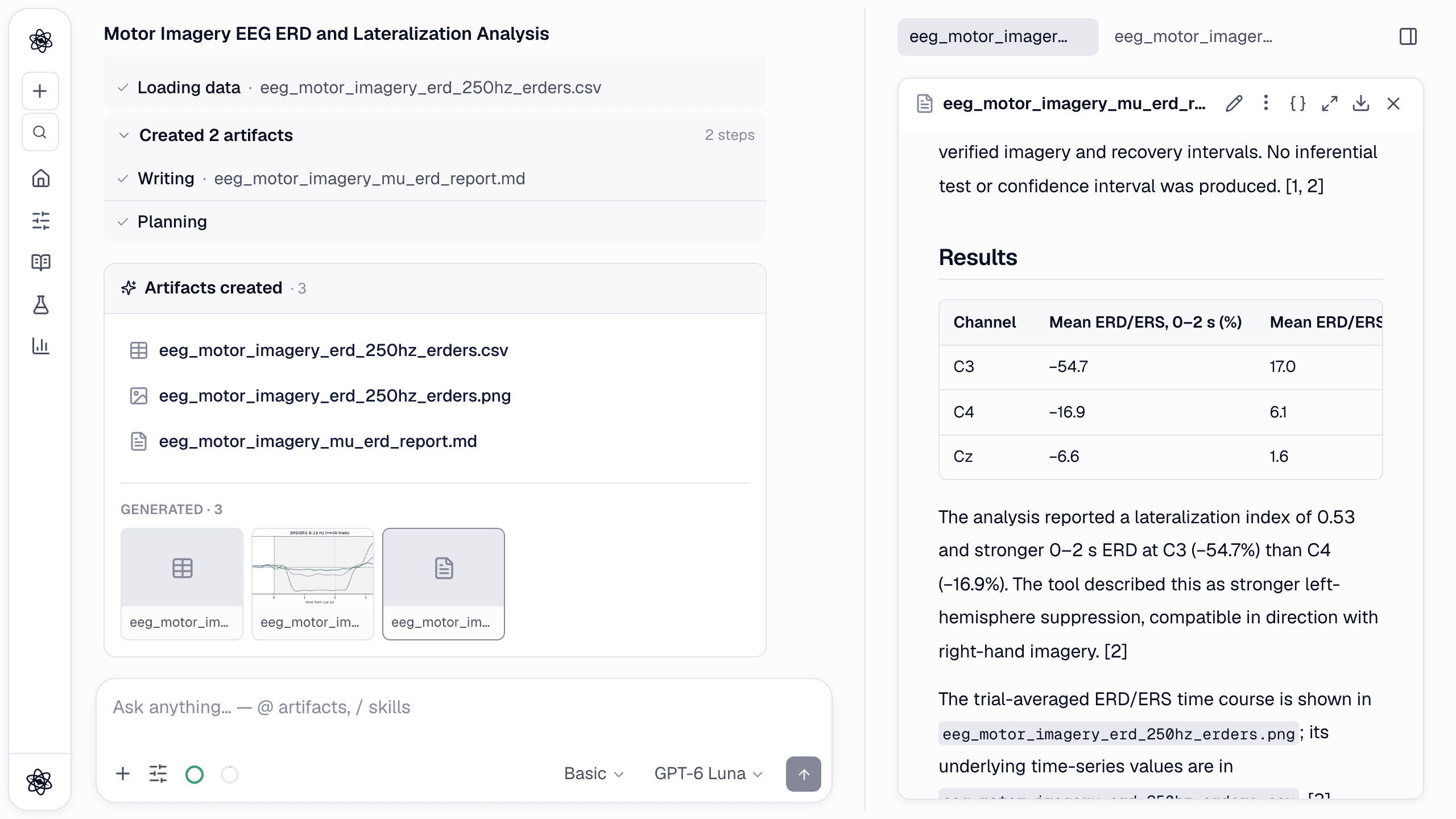The ERD/ERS report: a results table and sentences cited to the eeg_info and eeg_erders steps.