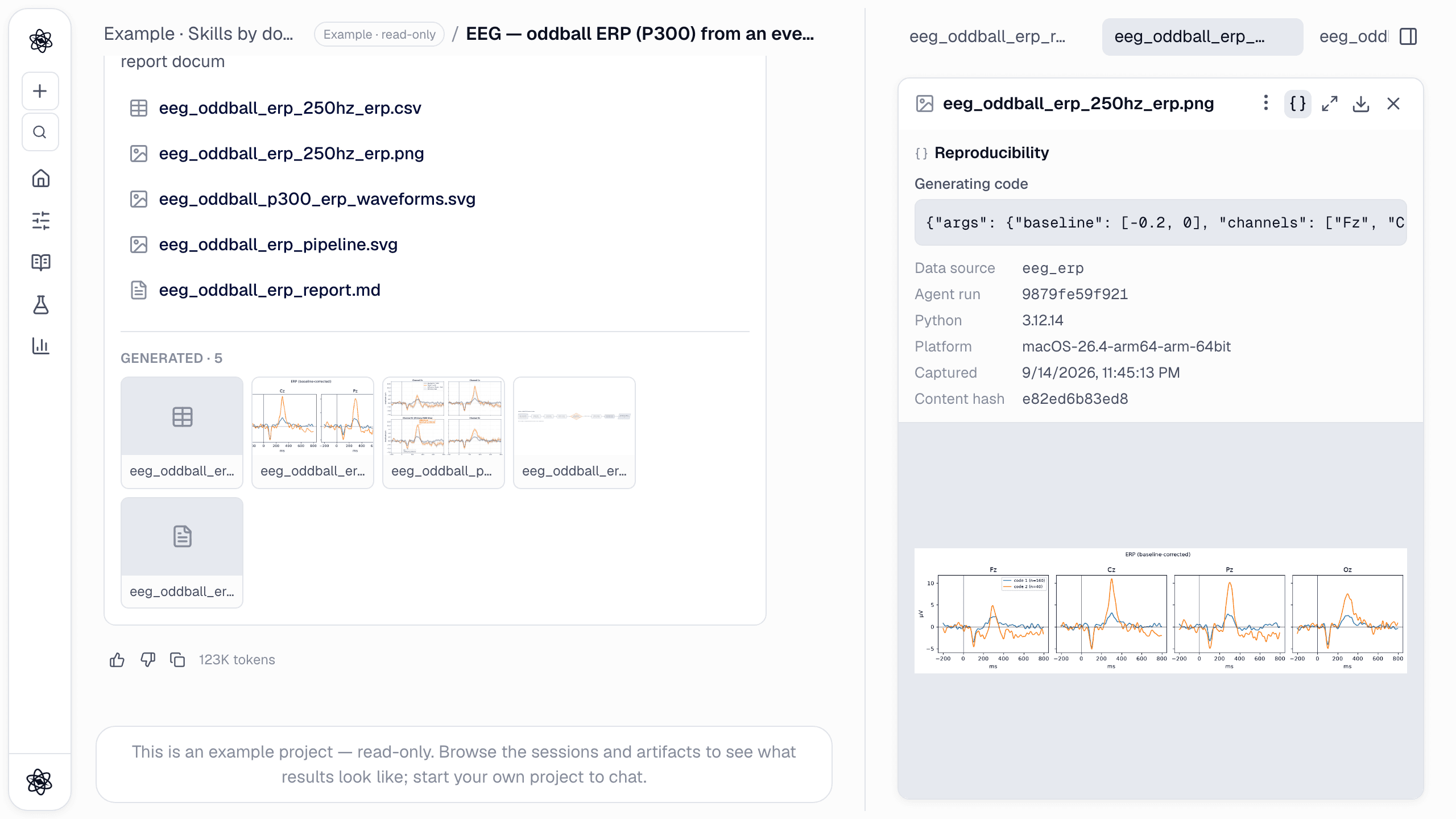 The Reproducibility panel for the ERP figure: the recorded tool arguments (baseline, channels, conditions …), Python version and content hash.