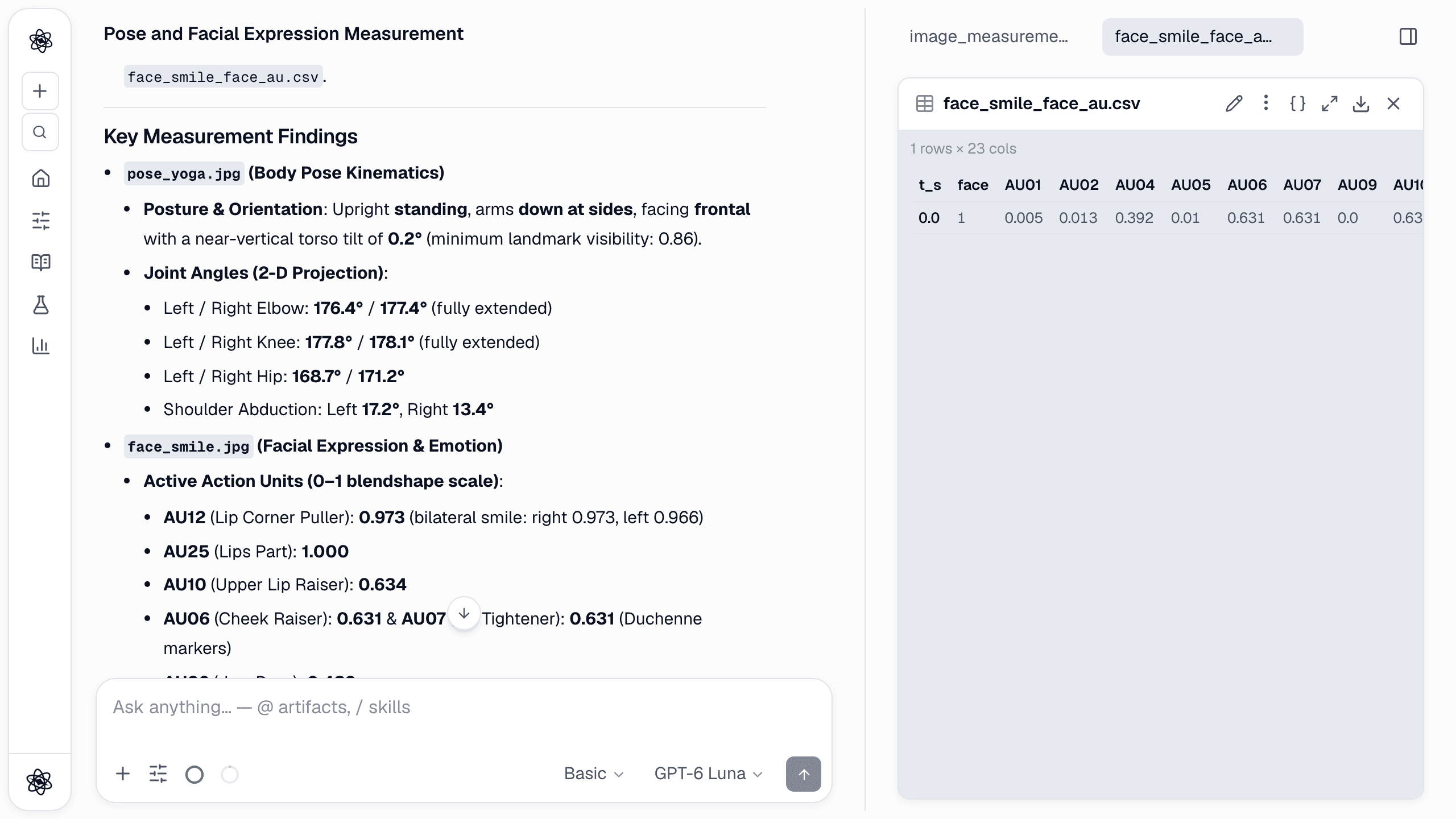 A new chat measuring a photo: AU12 0.973, AU25 1.000, AU10 0.634, AU06 and AU07 0.631, next to the one-row AU table.
