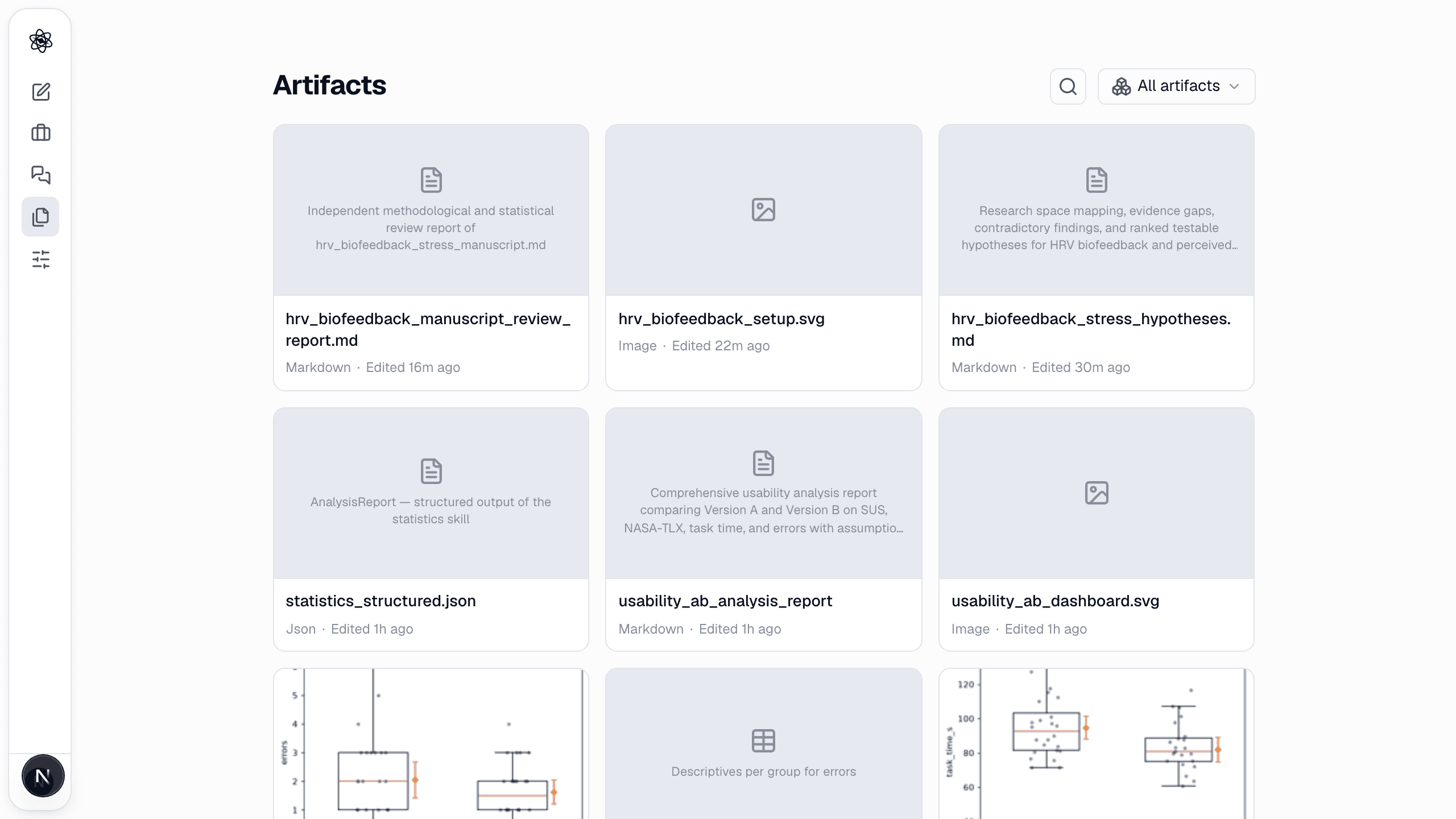 The Artifacts page: everything produced across sessions, filterable by type.