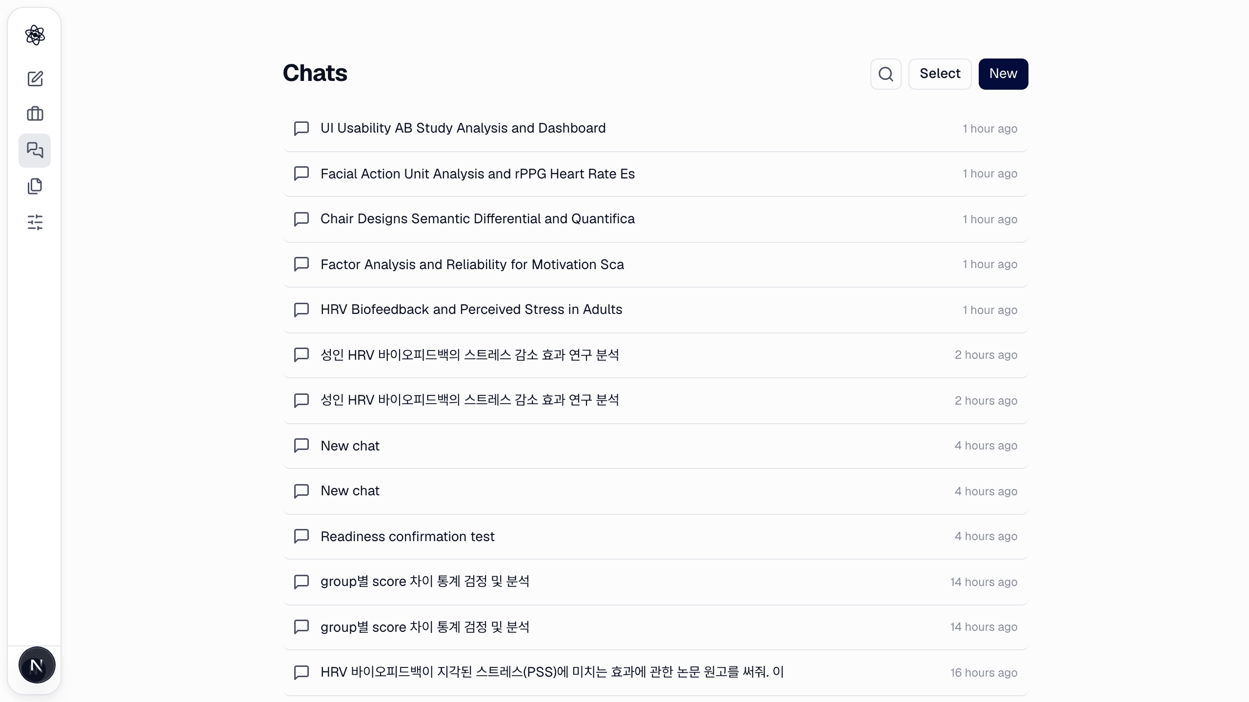 The workspace: sidebar with Chats, Projects, Artifacts and Customize; the chat list in the middle.