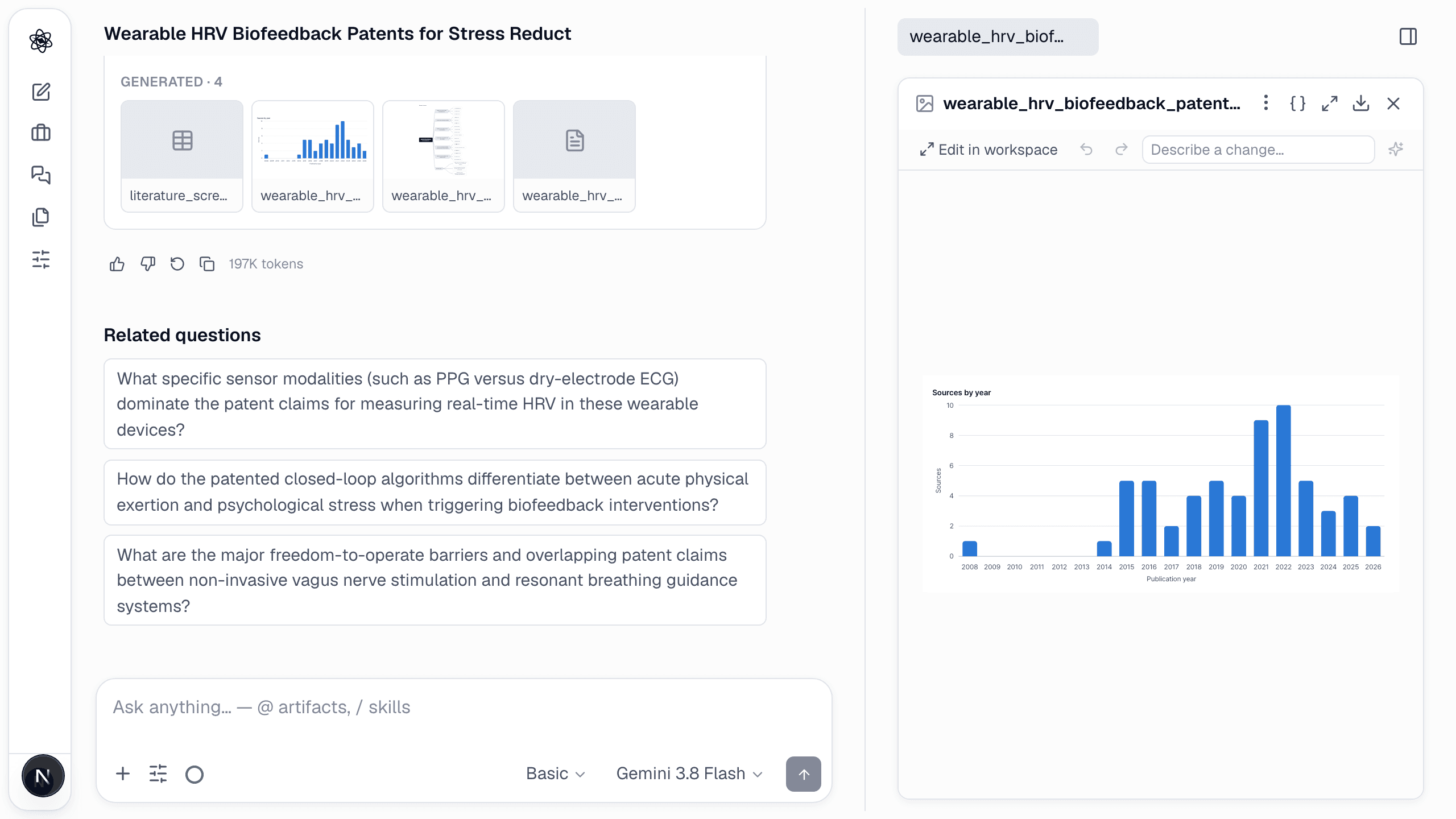 The patent turn: filing-year distribution of the retrieved patents, with the screening table, assignee map and report generated alongside.