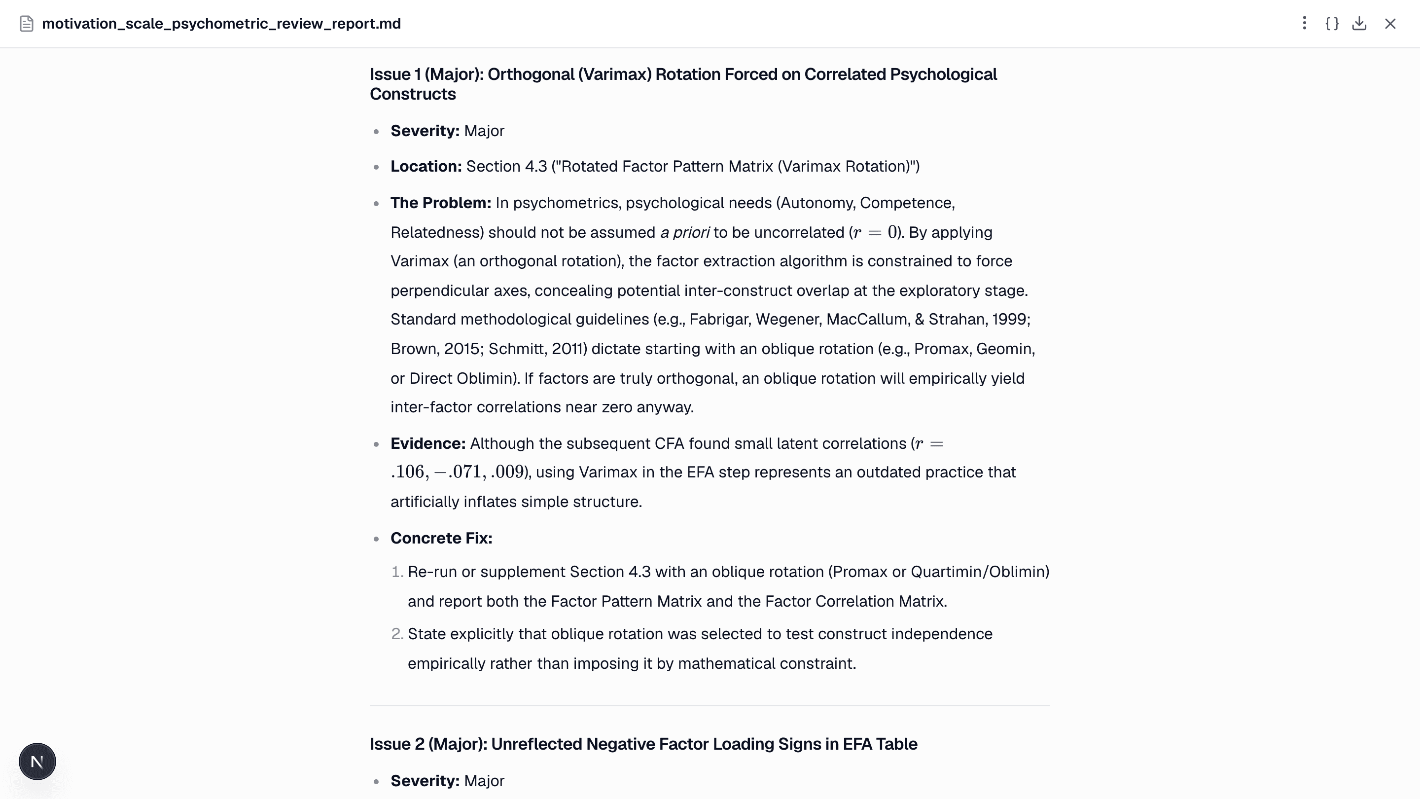 Prioritized issues: each one names where it is, what is wrong, the evidence and a concrete fix — here, an orthogonal rotation forced on correlated factors.