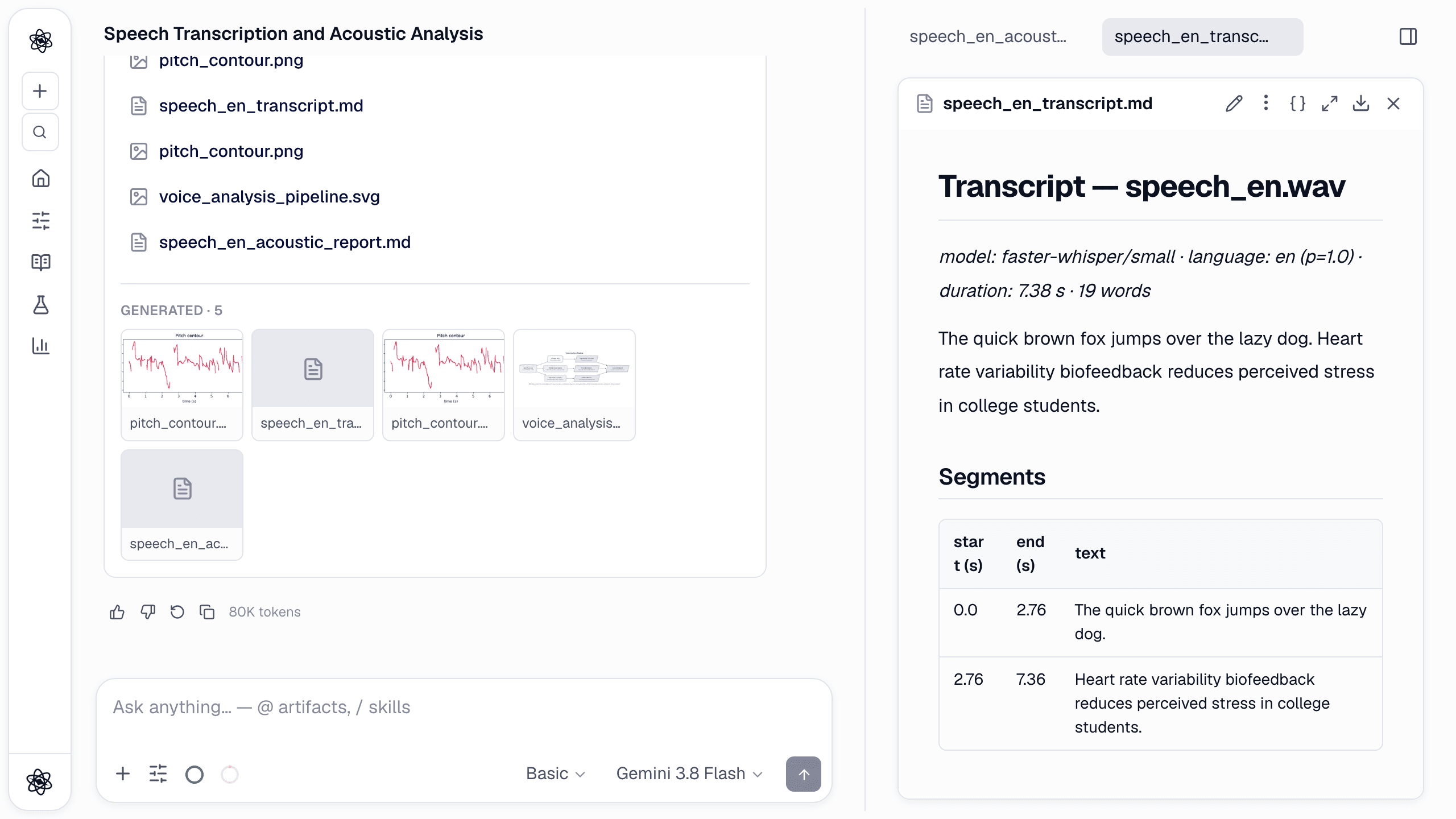 The transcript artifact: model (faster-whisper/small), detected language with its probability, duration and length, then the text and a timestamped segment table.