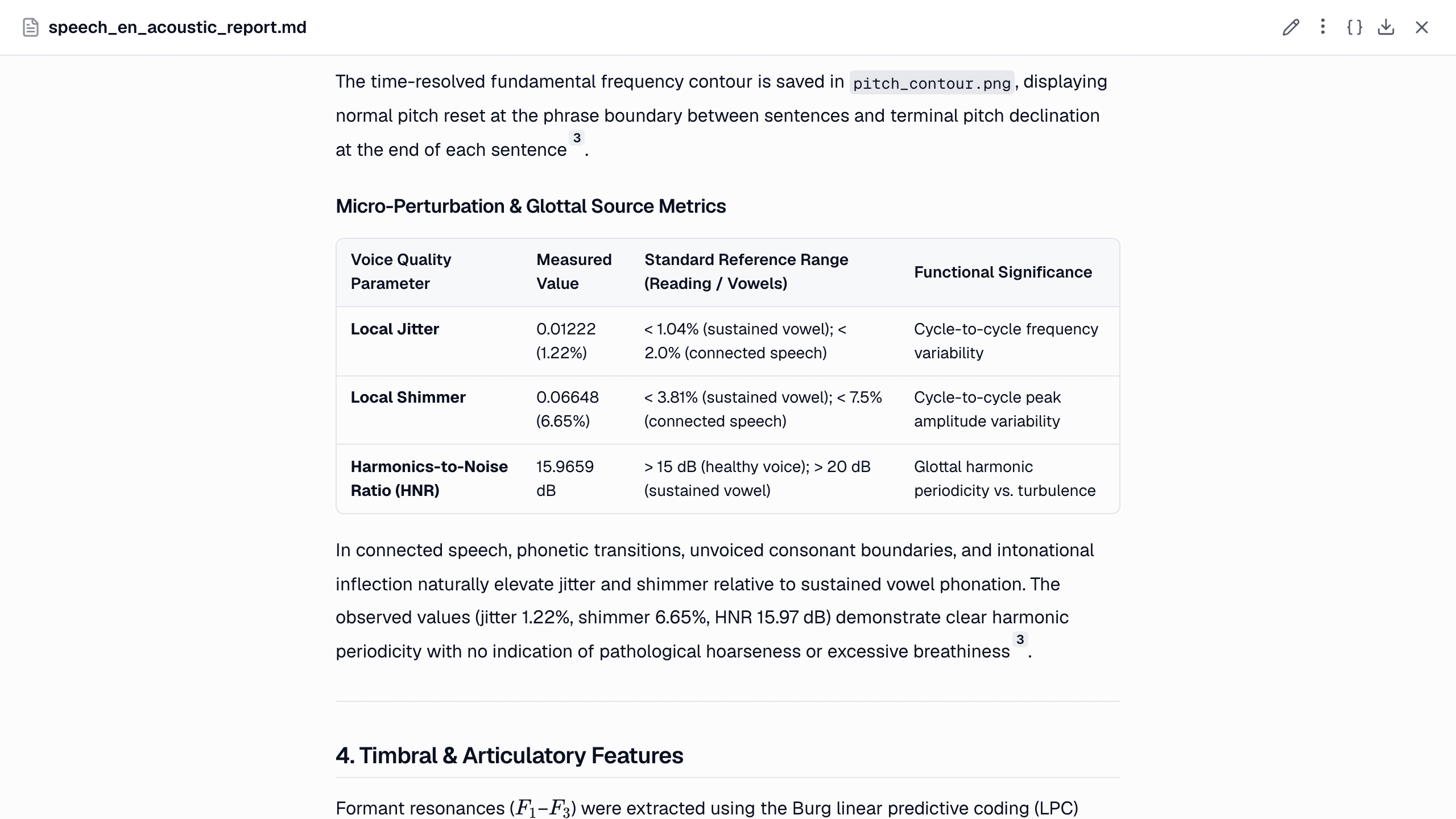 The voice-quality section of the report, expanded: jitter, shimmer and HNR as the voice tool measured them, and interpretation sentences whose citation numbers link back to that step.