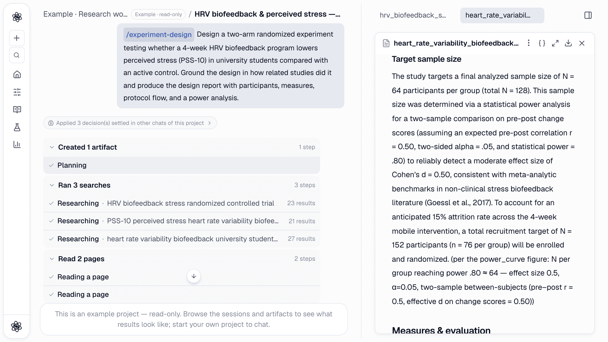 The design report's sample-size section: 64 per group for d = 0.50 at 80% power, 152 to recruit after 15% attrition.