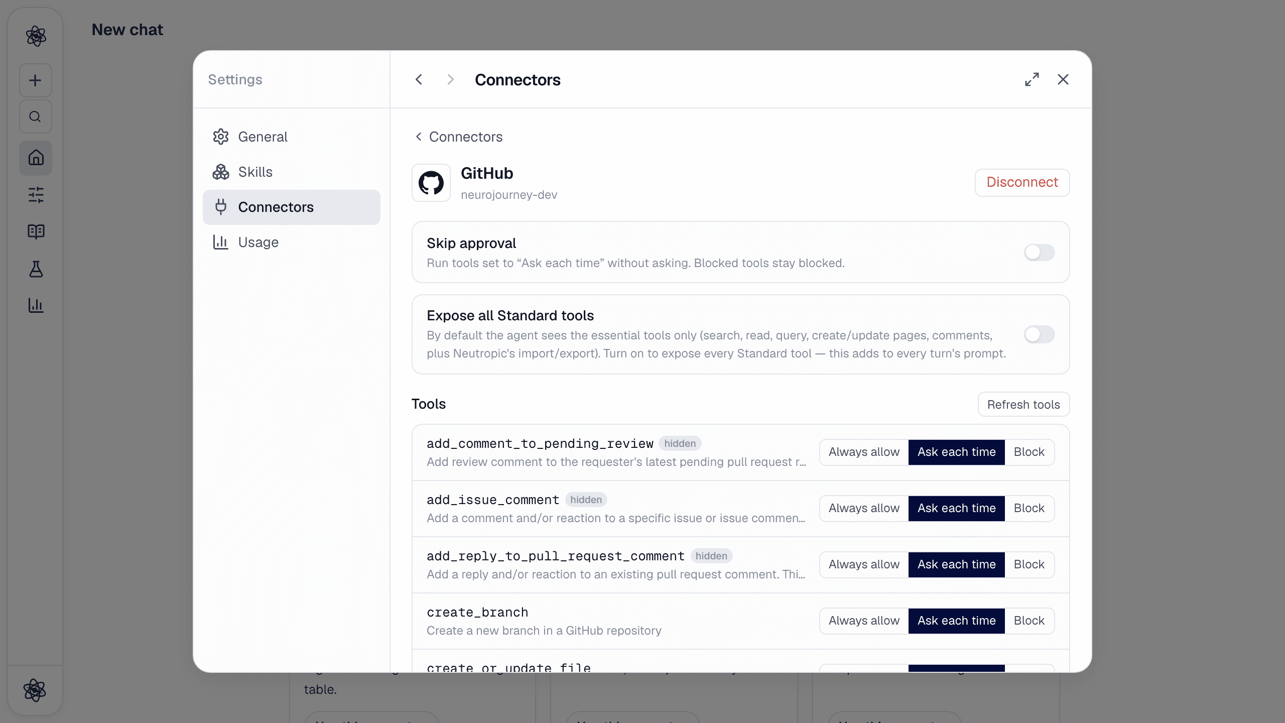 The GitHub connector's detail view: Skip approval, Expose all Standard tools, and the tool list with per-tool permissions.