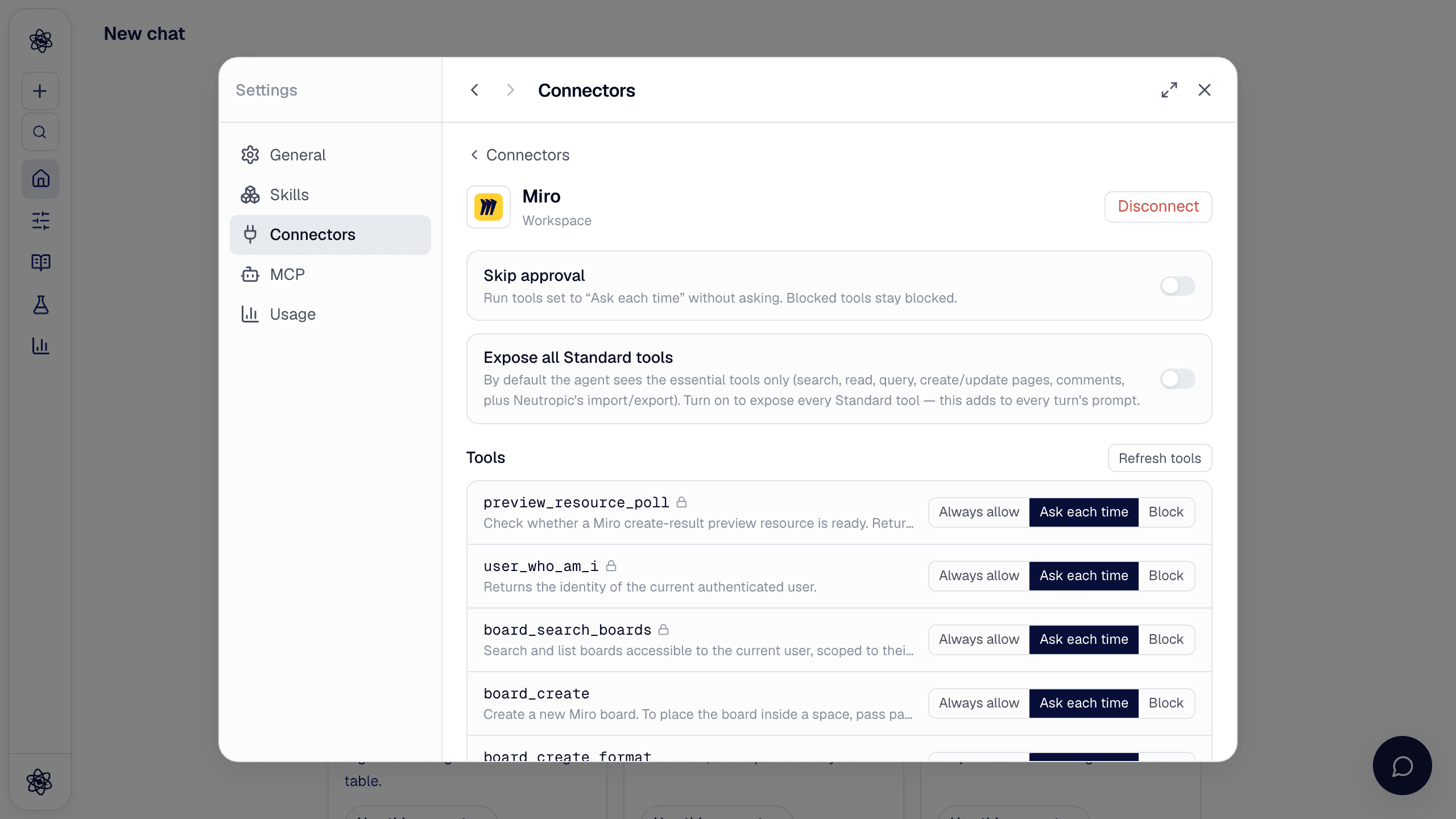 The Miro connector's detail view: Skip approval, Expose all Standard tools, and the tool list with per-tool permissions.