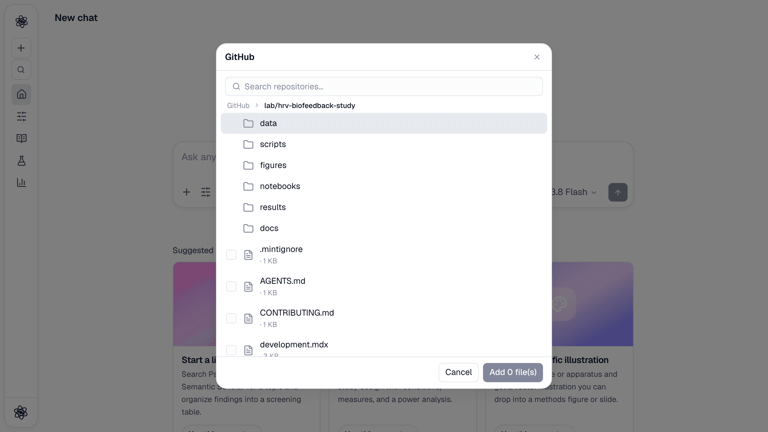 The GitHub picker inside a repository: directories first, then files with their size.