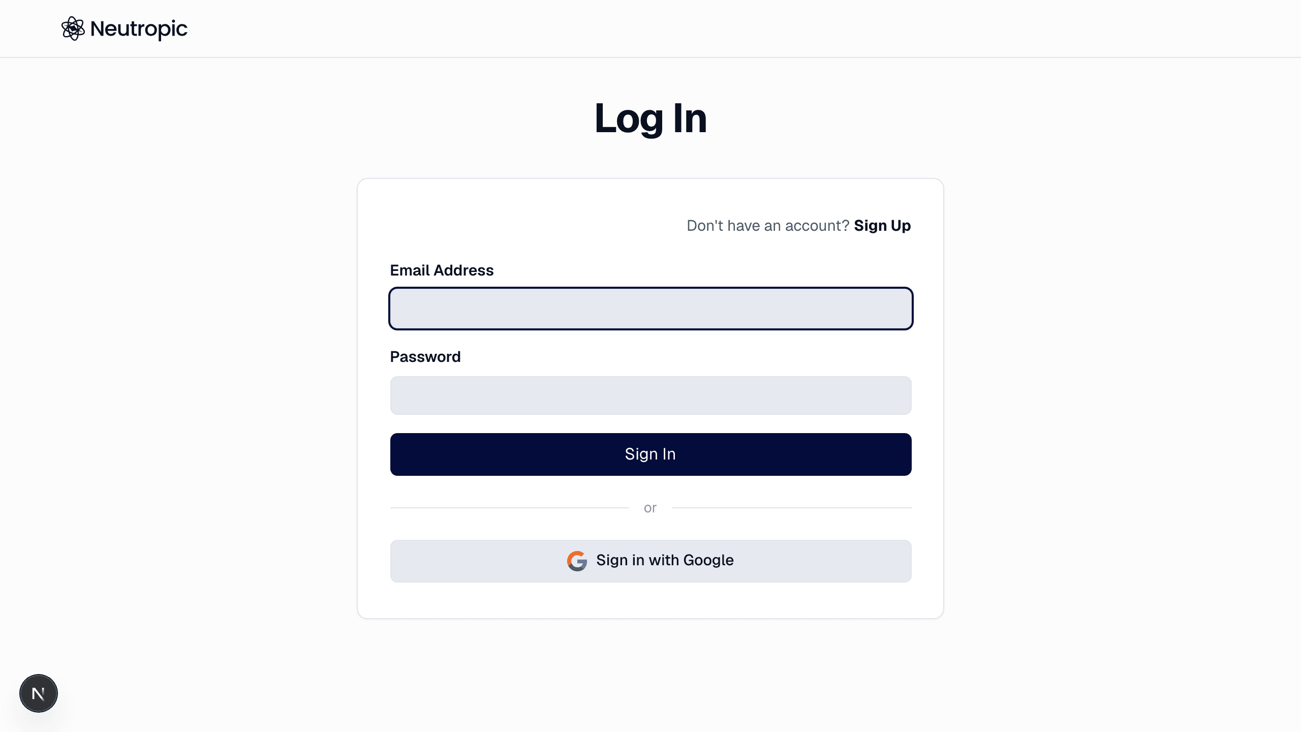 The sign-in page: email + password, or Google.