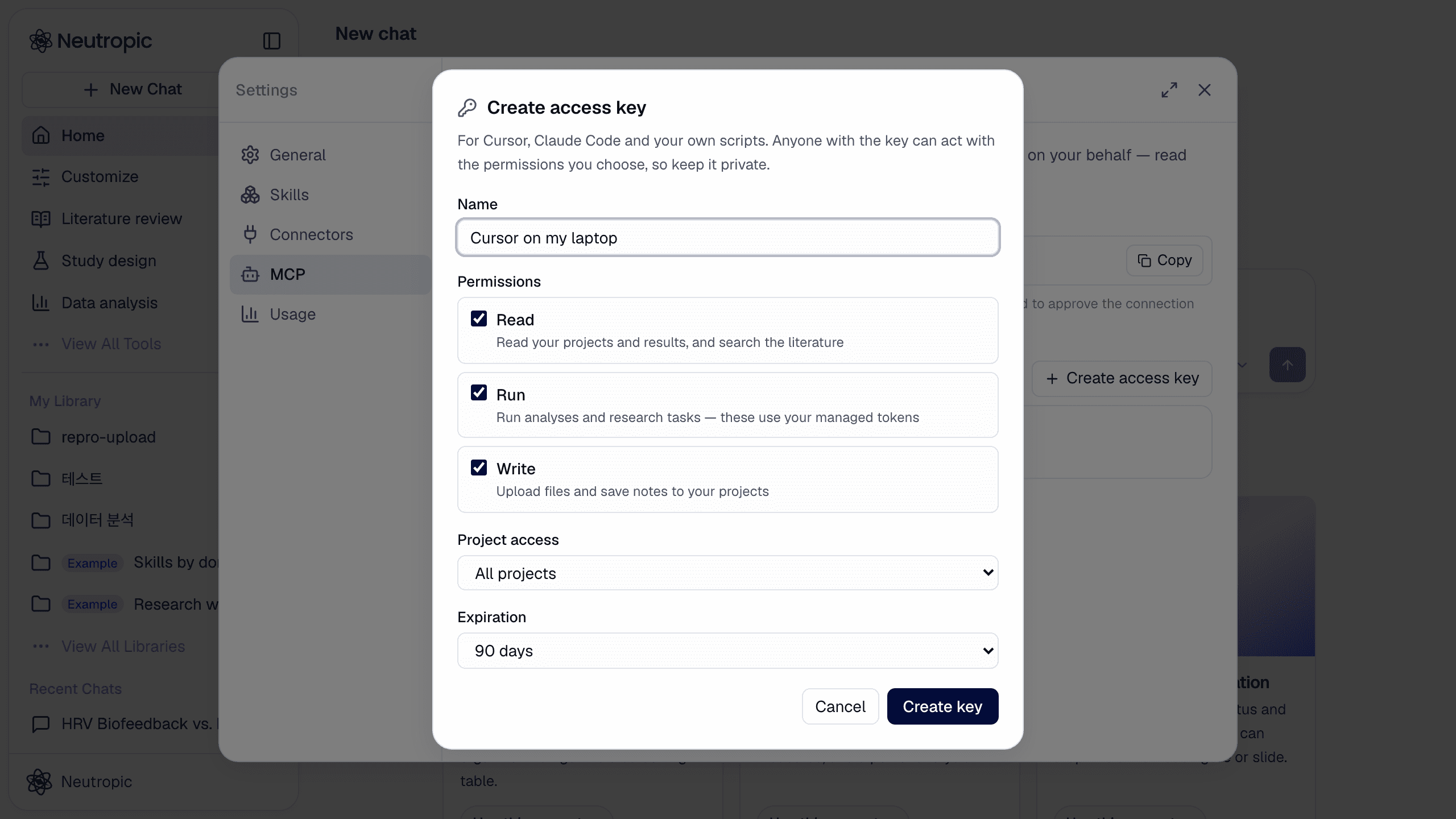 Create access key: name, permissions (Read, Run, Write), project access and expiration.