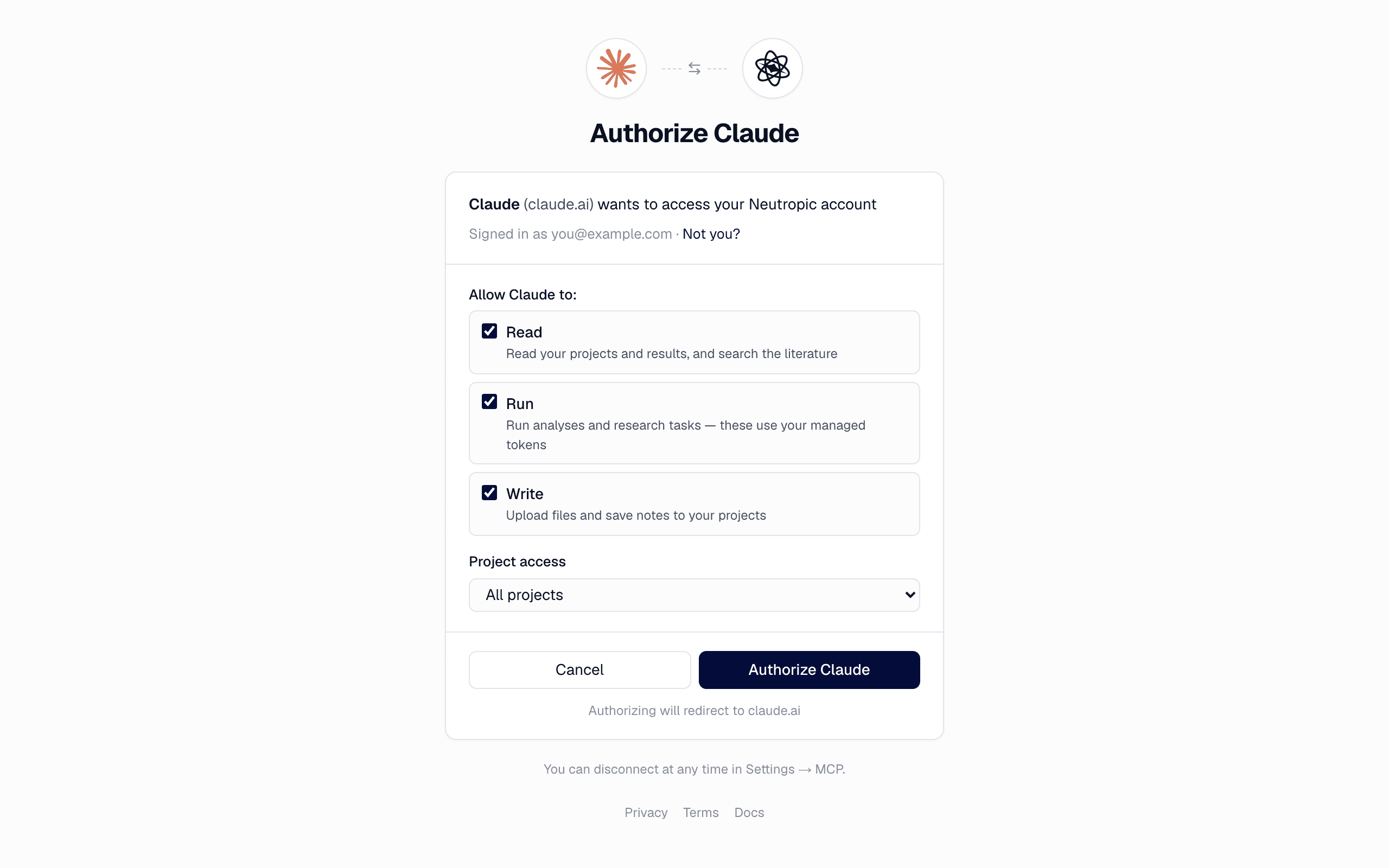 The consent screen Neutropic shows when Claude asks to connect: choose Read, Run and Write, and optionally limit access to one project.