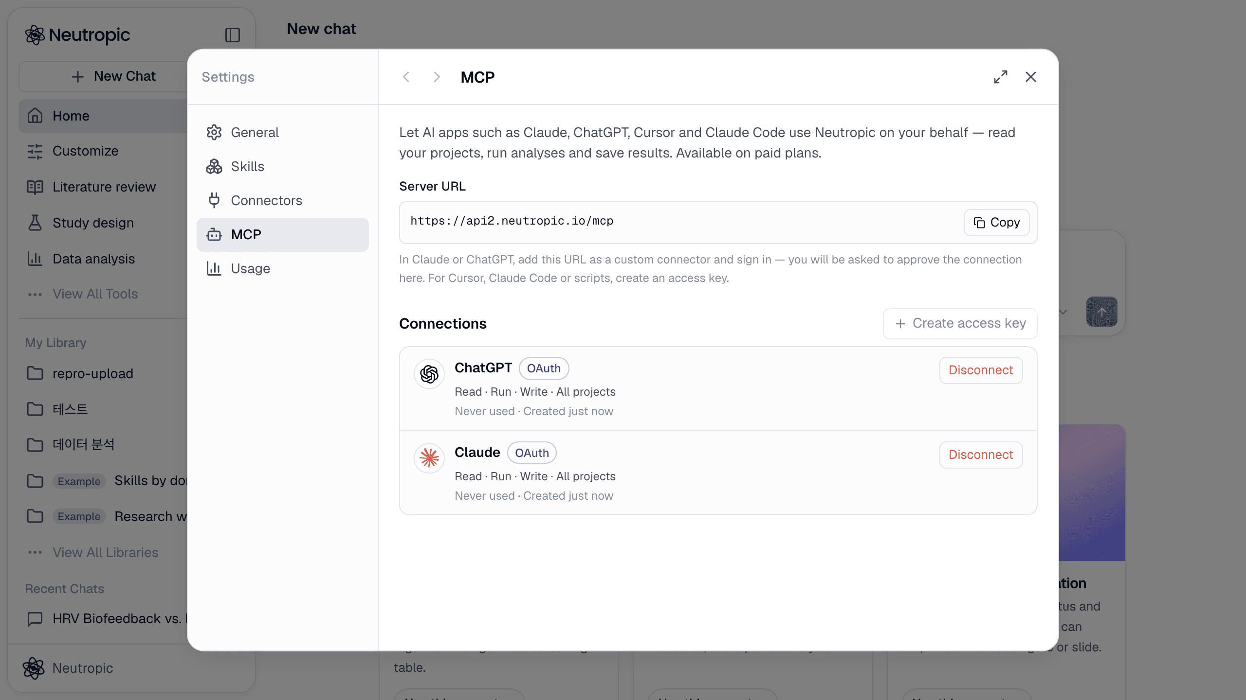 Settings → MCP: the server URL with a Copy button, and the Connections list with Claude and ChatGPT connected over OAuth.