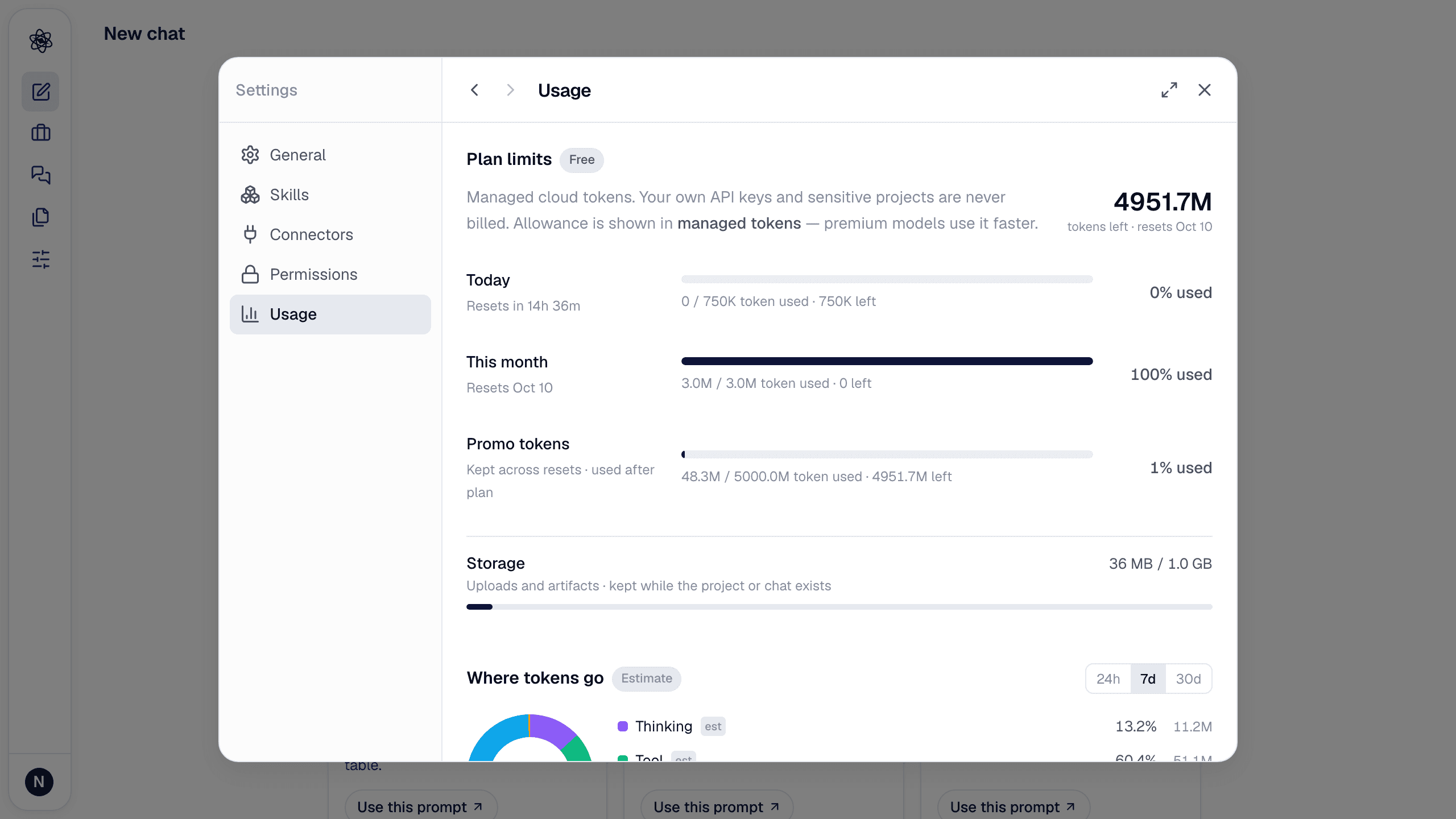 Customize → Usage: plan limits, today, this month, promo tokens, storage, and where tokens go.