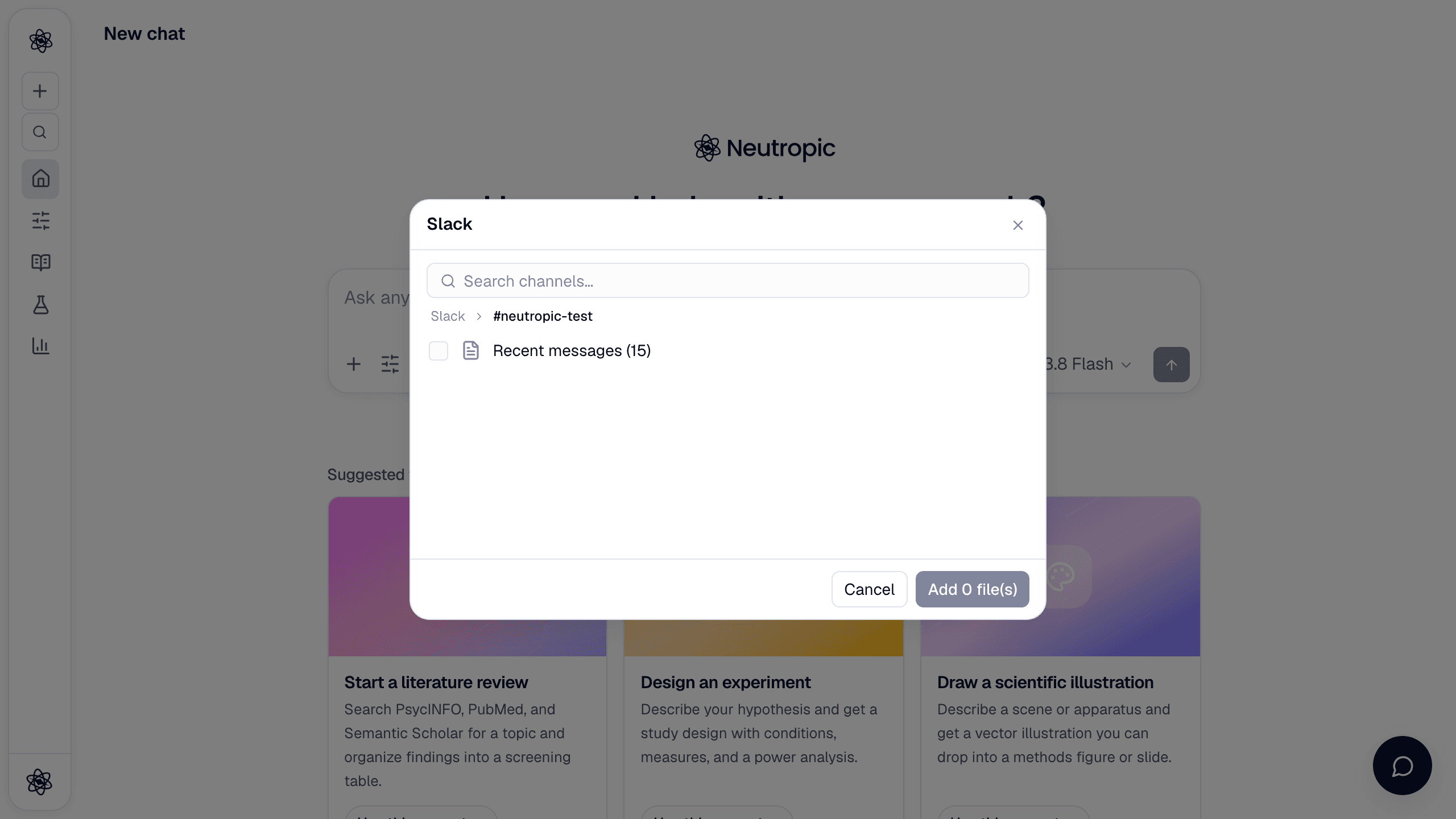 The Slack picker inside a channel: tick Recent messages (15) to import them as Markdown.