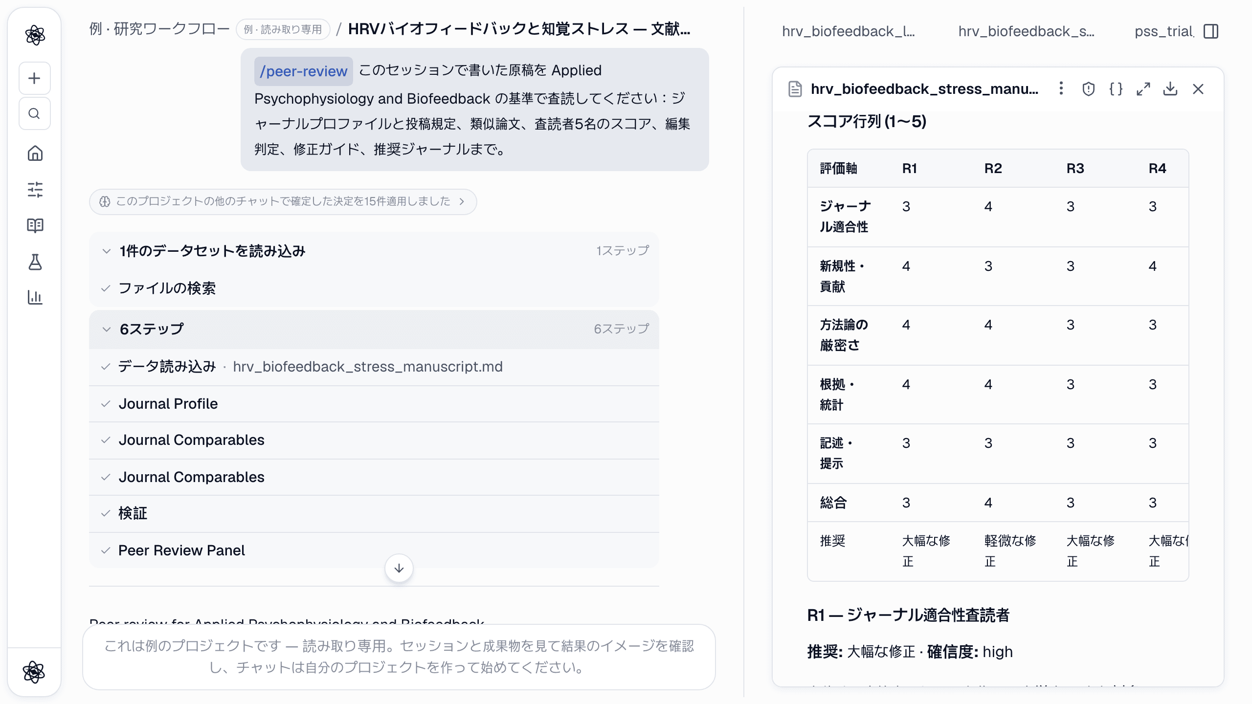 査読者5名のスコア行列。論文査読レポートにある複数の表の一つです。
