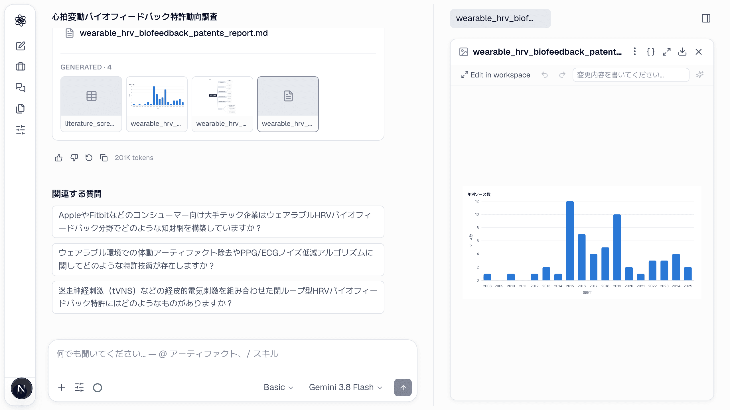 特許ターン：取得した特許の出願年分布、スクリーニング表・出願人マップ・レポートが併せて生成されます。