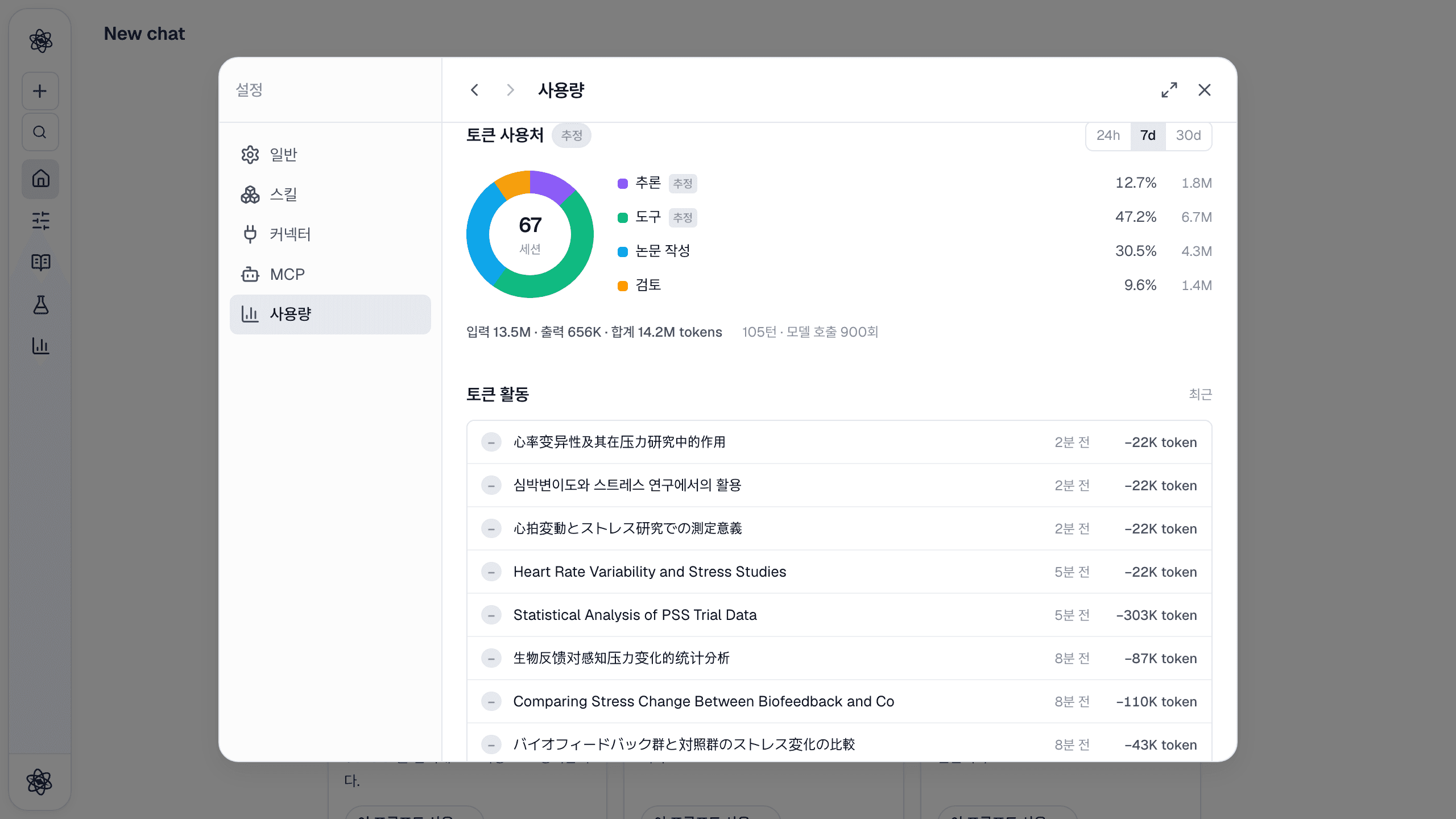 토큰 사용처와 토큰 활동: 활동 종류별 사용량과 채팅별 토큰 수.