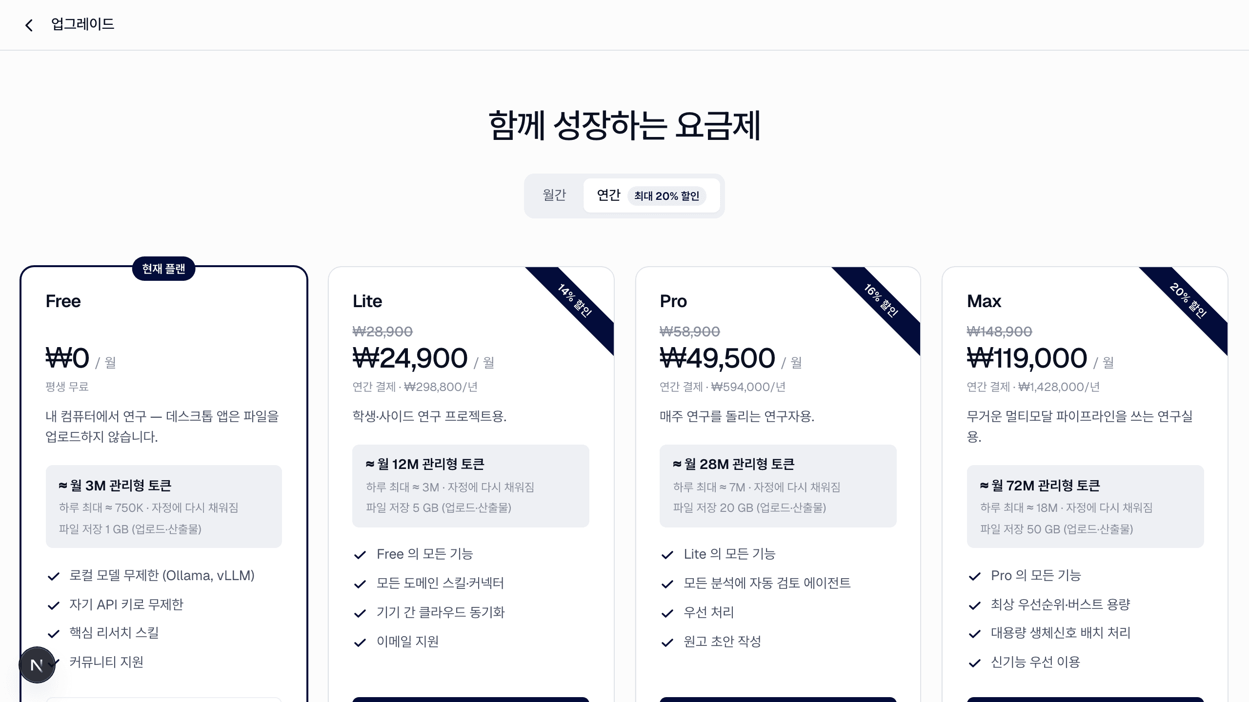 플랜 페이지(프로필 메뉴의 플랜 업그레이드, 또는 /plan).