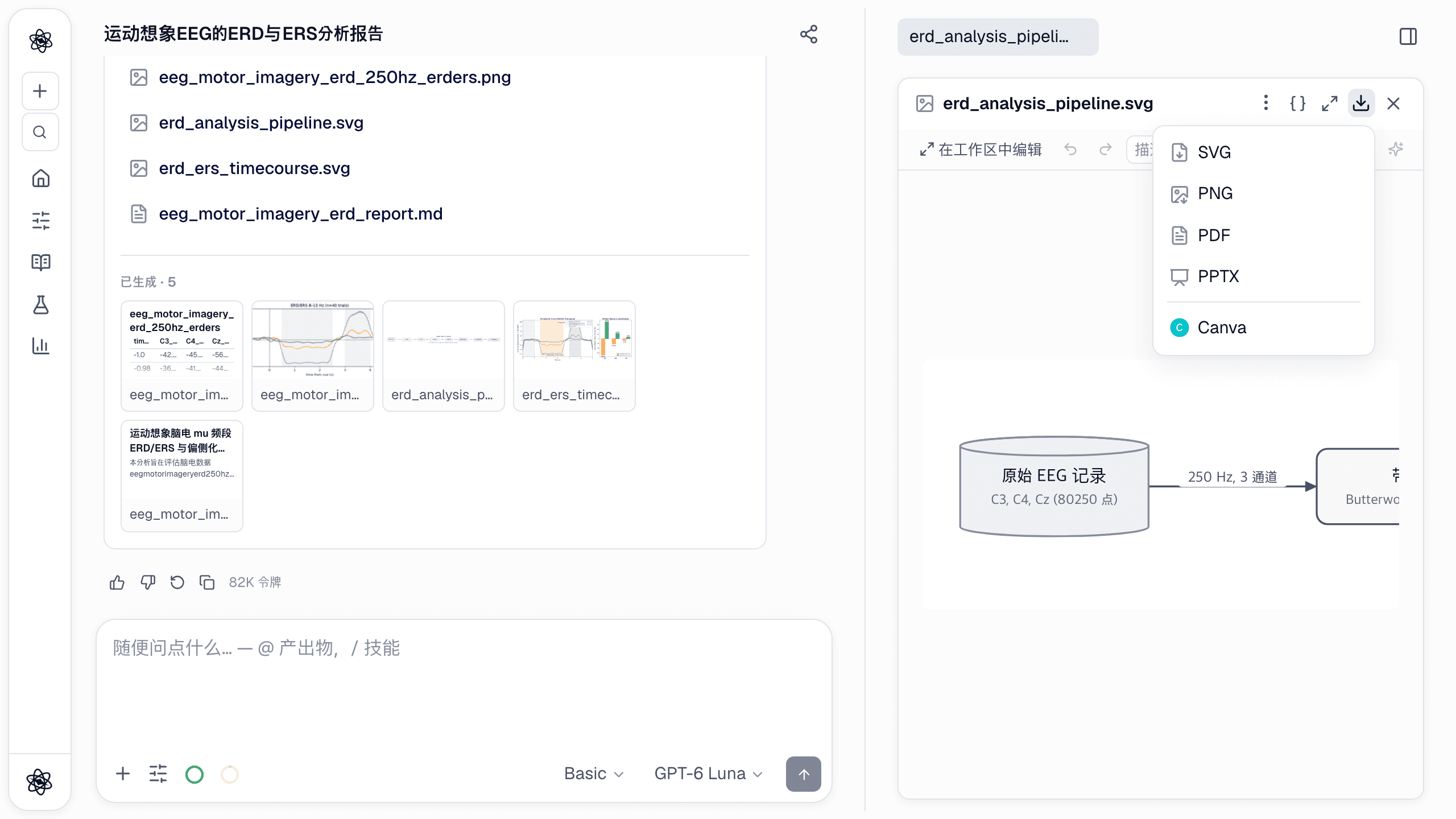 图表的下载菜单中出现了 Canva：图表作为素材上传，并在新设计中打开。