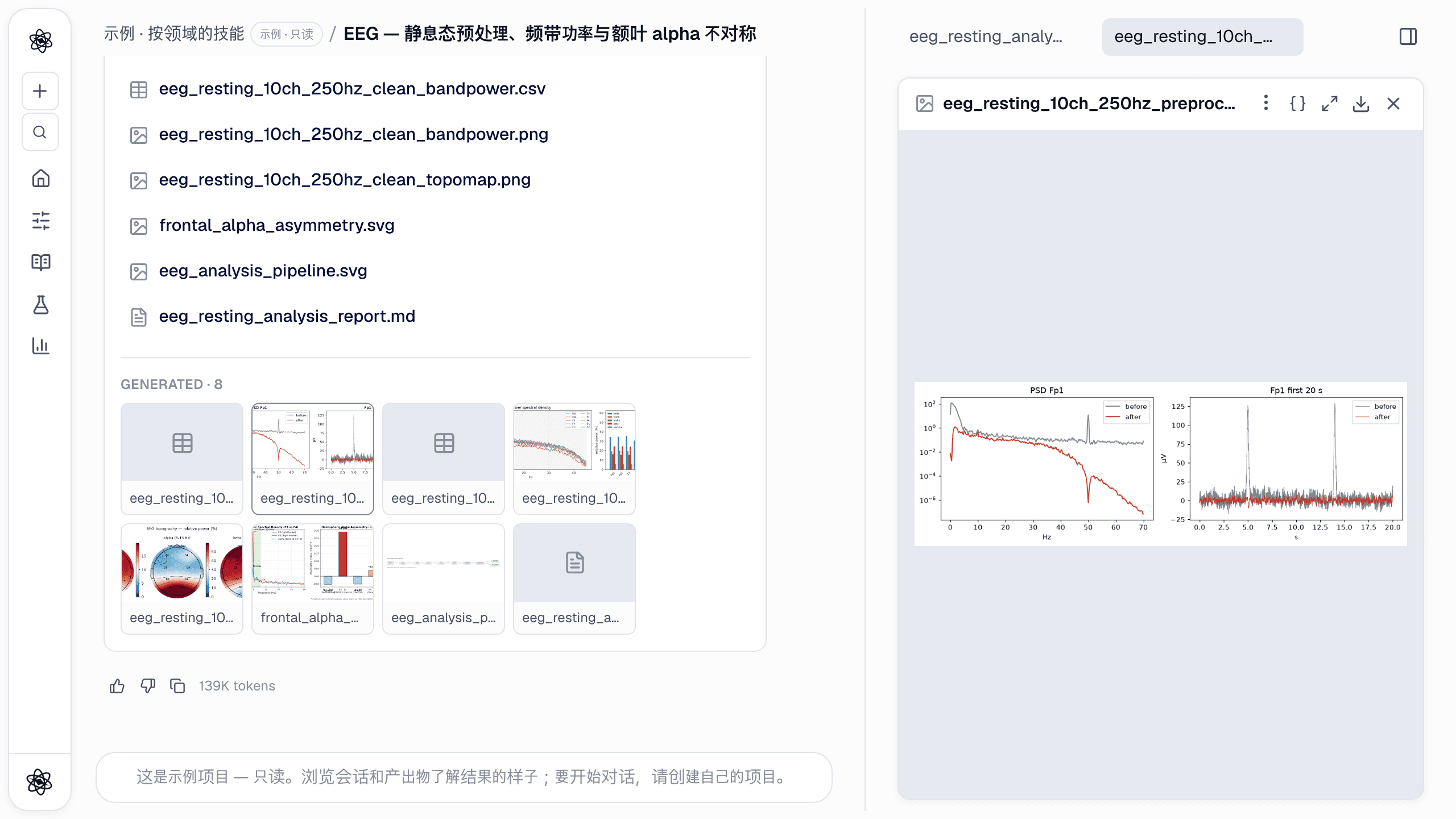 预处理前后：频谱中的 50 Hz 工频峰消失，Fp1 上的前额眨眼被去除。