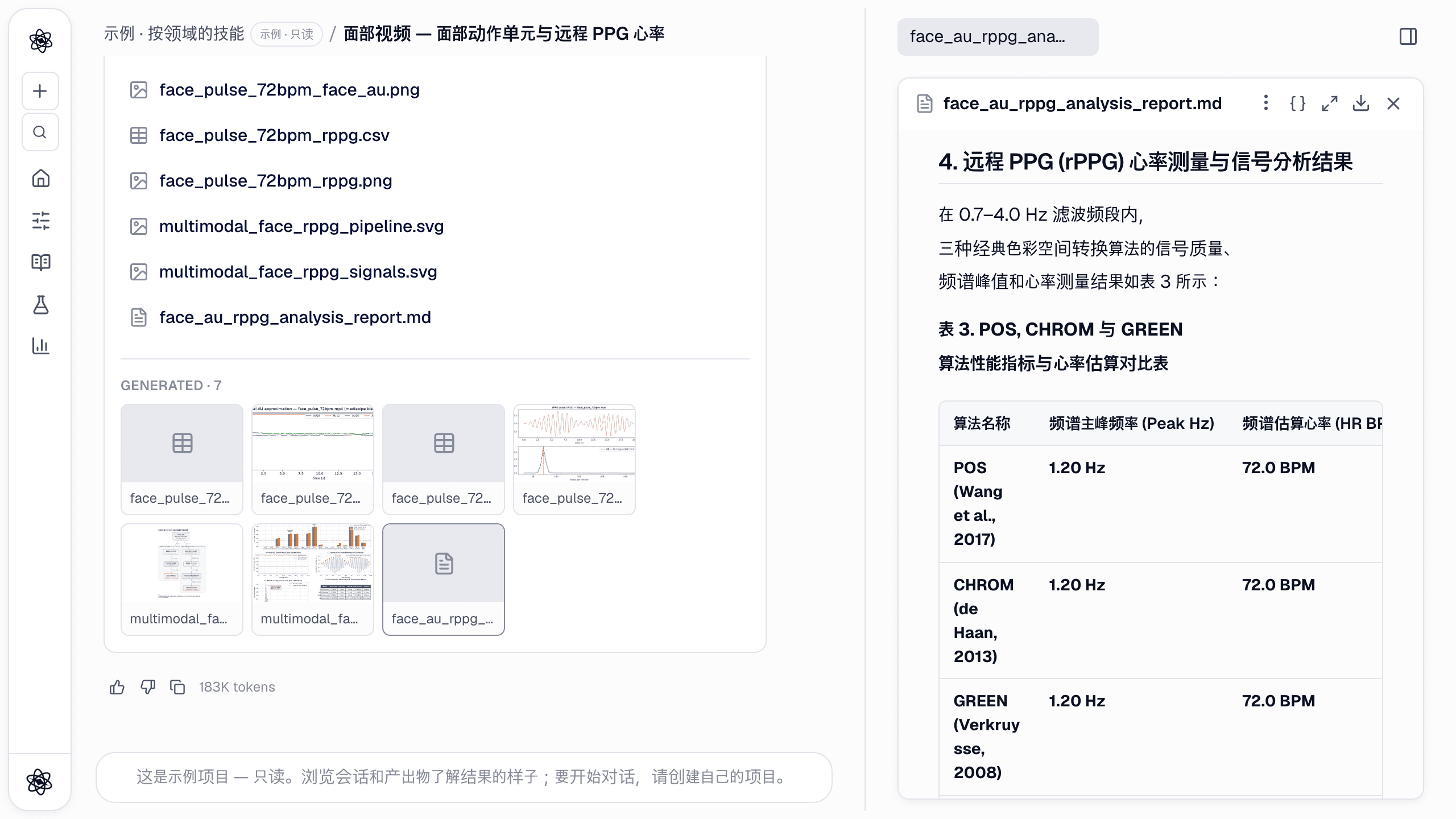 人脸视频报告：三种 rPPG 方法各自注明出处论文，在按 72 bpm 脉动制作的视频上都得到 72.0 bpm。
