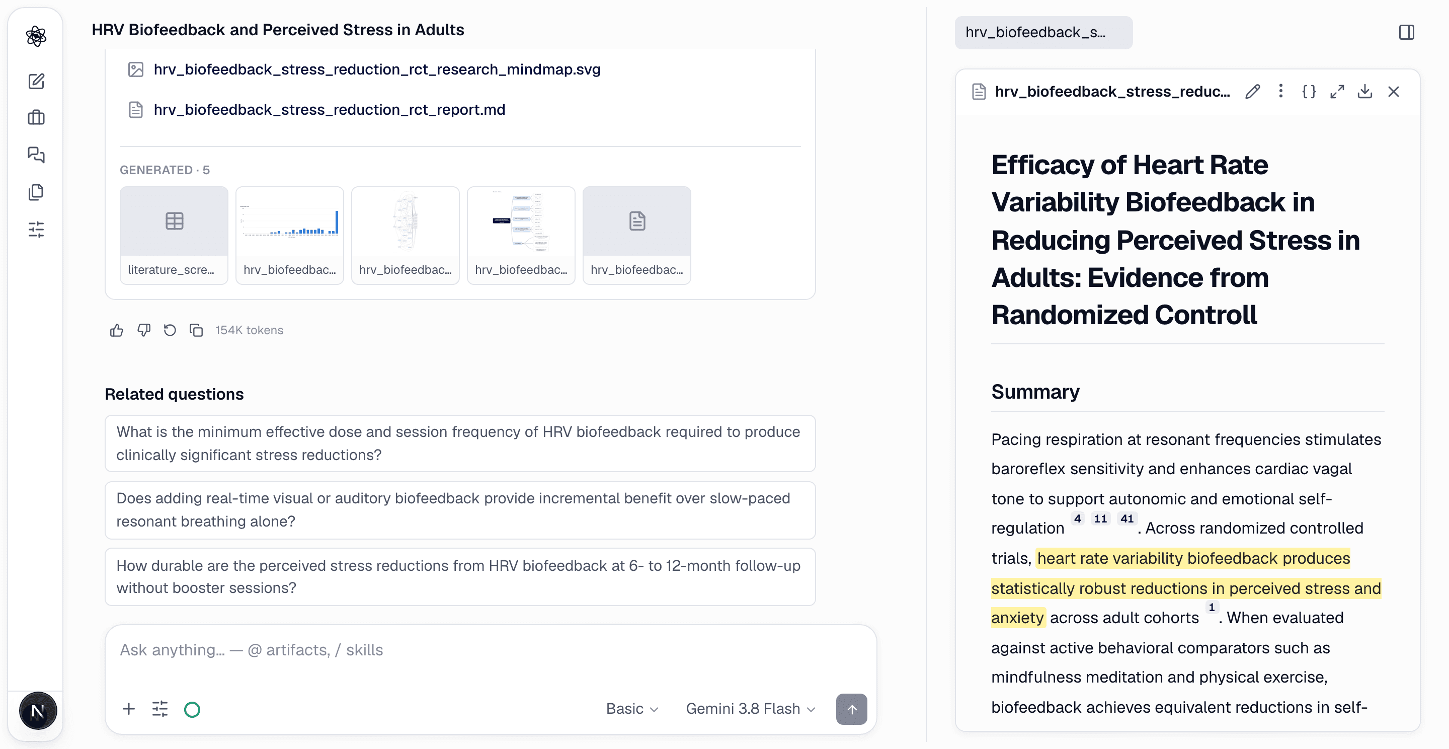 Literature review report with numbered citations and the source panel open