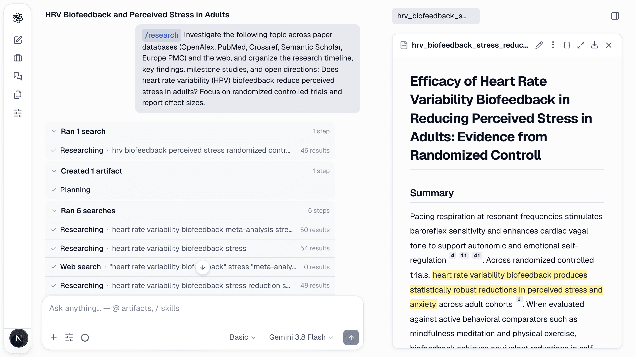 A finished literature turn: progress on the left, the report opened in the artifact panel on the right.