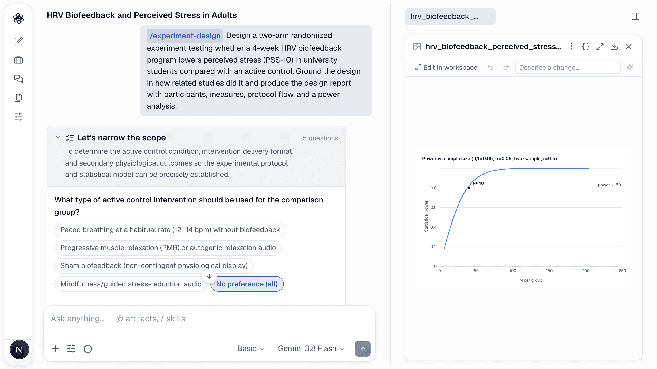 The power curve with the sample size that reaches .80 marked.