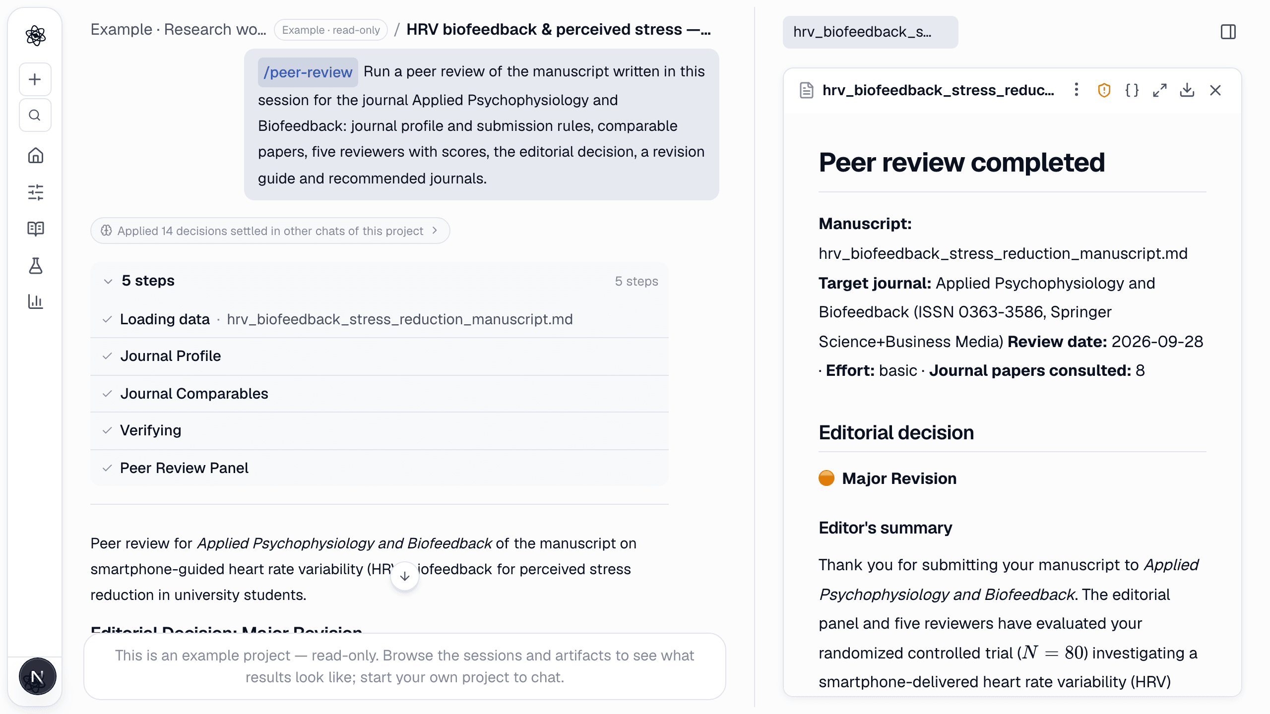 A finished Peer review: the editorial decision badge and the editor's summary, next to the steps that produced it.