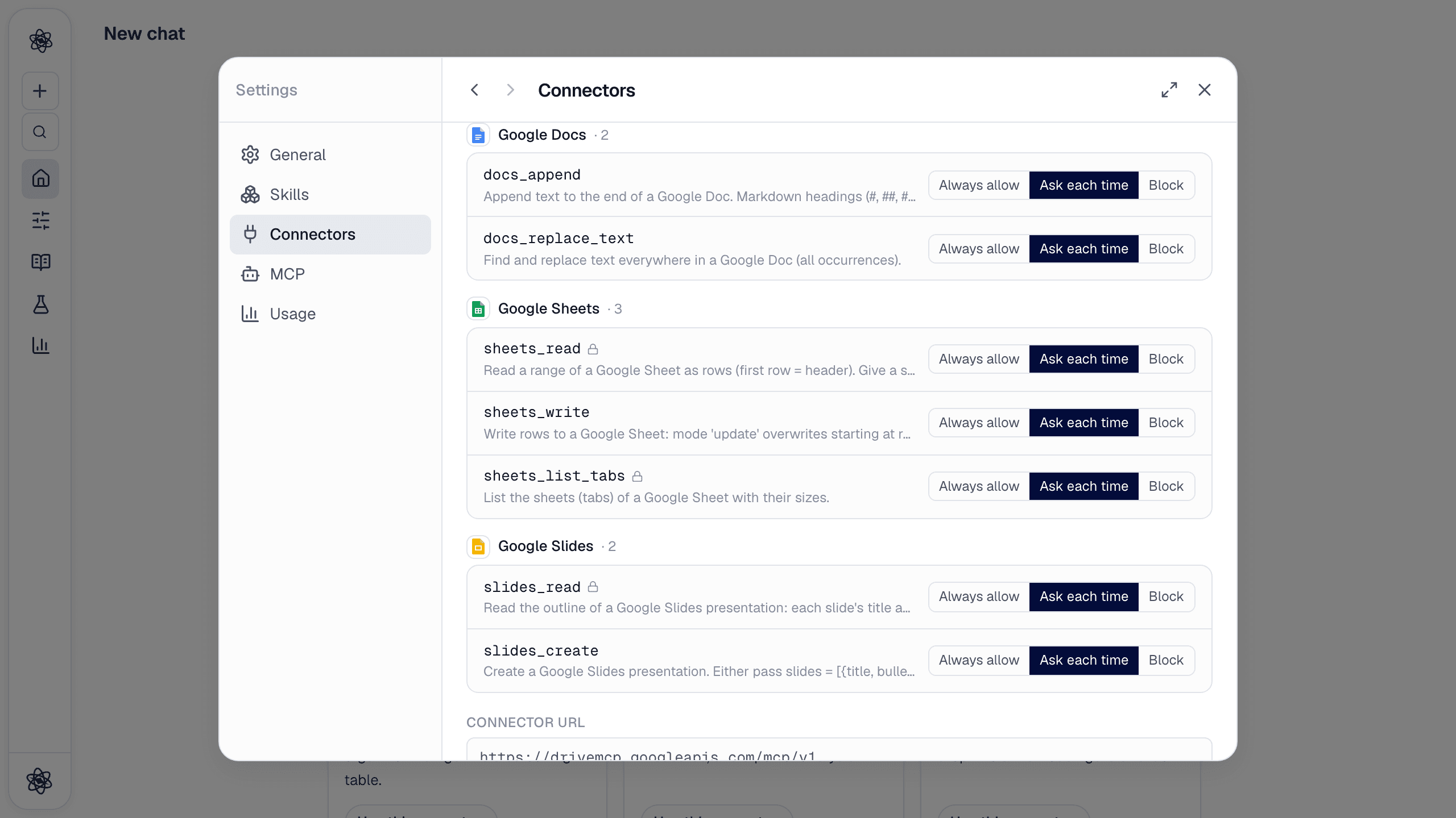 The same view scrolled down: separate groups for Google Docs, Google Sheets and Google Slides.