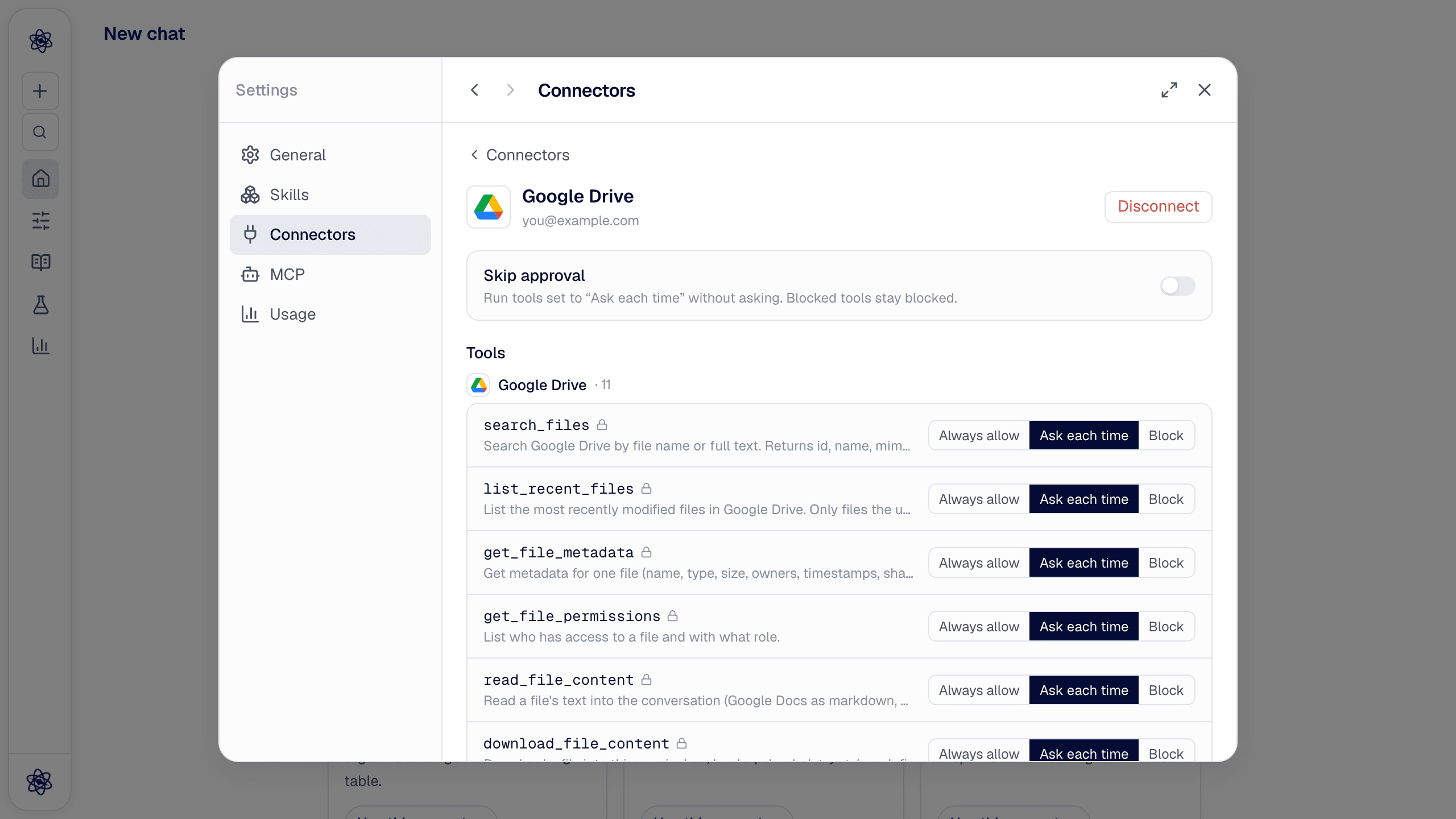 The Google Drive detail view: Skip approval, and Always allow / Ask each time / Block for each tool.
