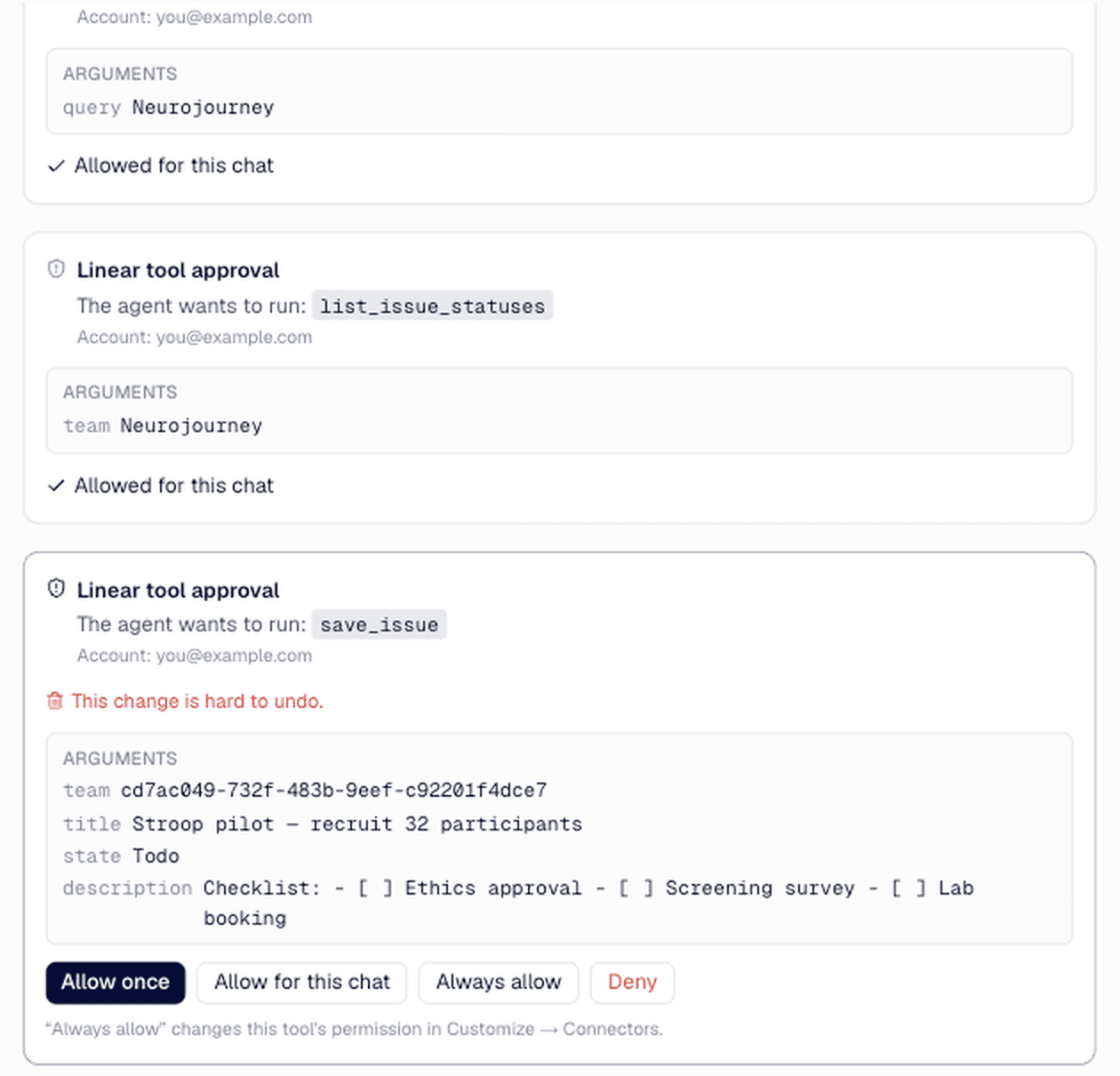 Creating a Linear issue from a chat: the approval card shows the team, title and checklist before anything is written.