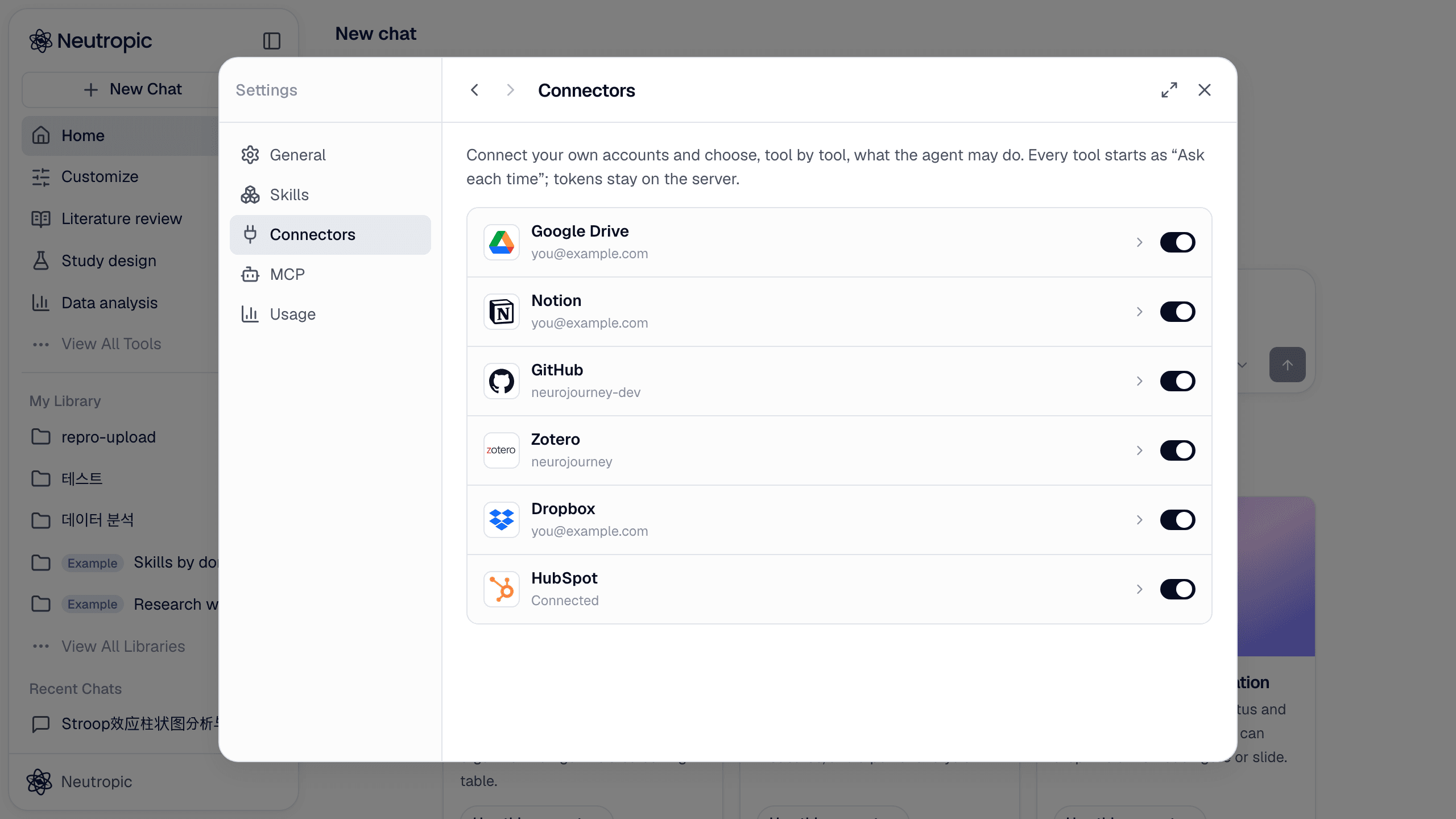 Customize → Connectors: each account you connect gets its own row and switch.