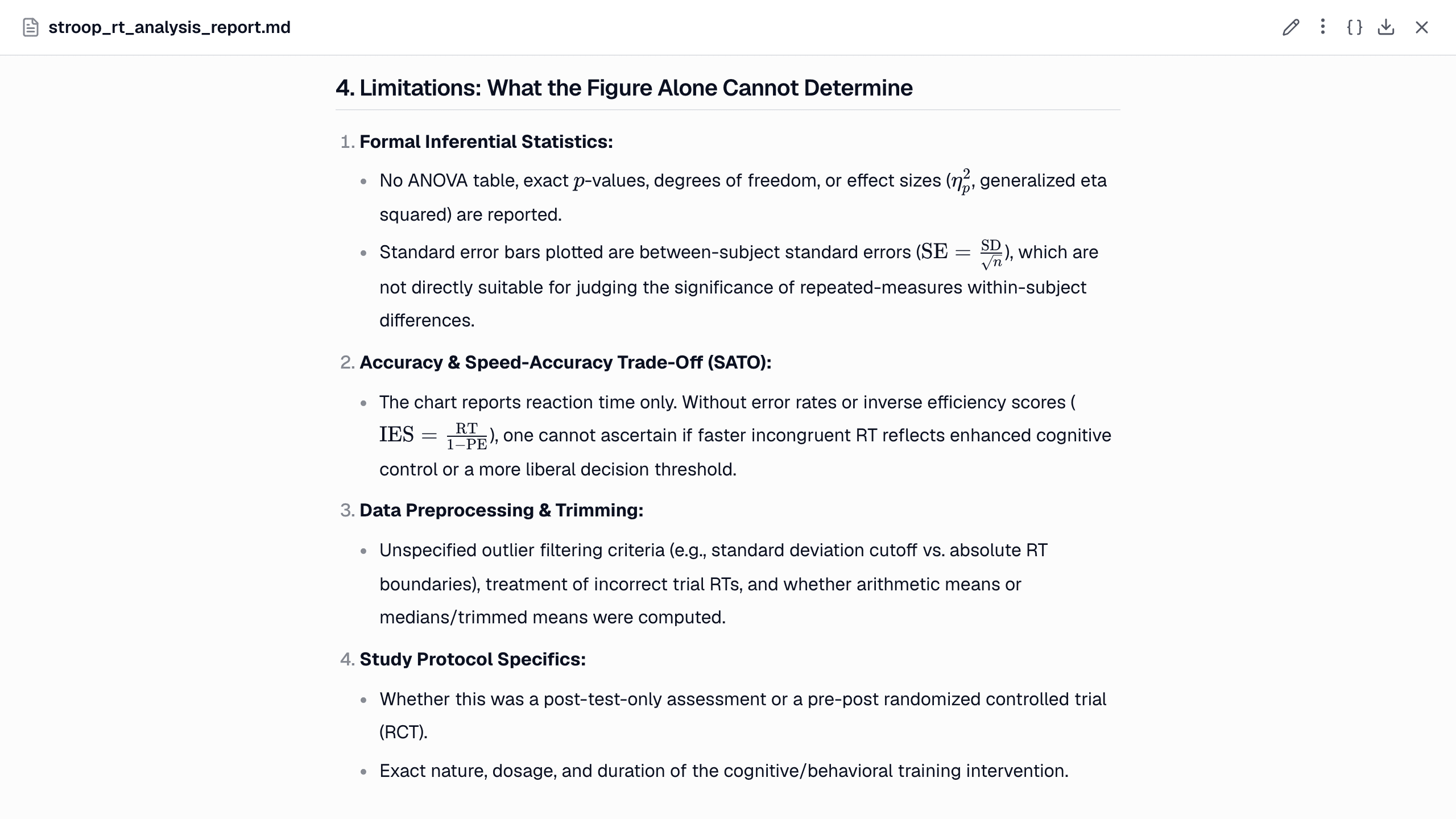 The report's limitations: no test statistics or effect sizes, between-subject error bars that do not show within-subject differences, no accuracy data, and unknown trimming rules.