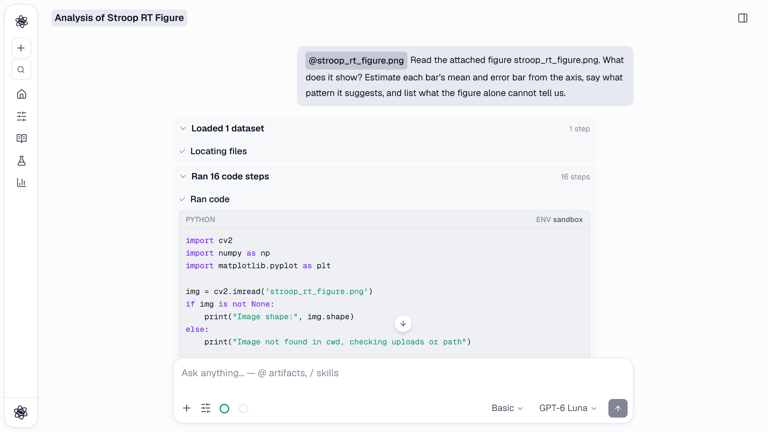 The chat reading the figure: the request with the image attached as an @ chip, then the agent's steps, including 16 code steps that measure the image.