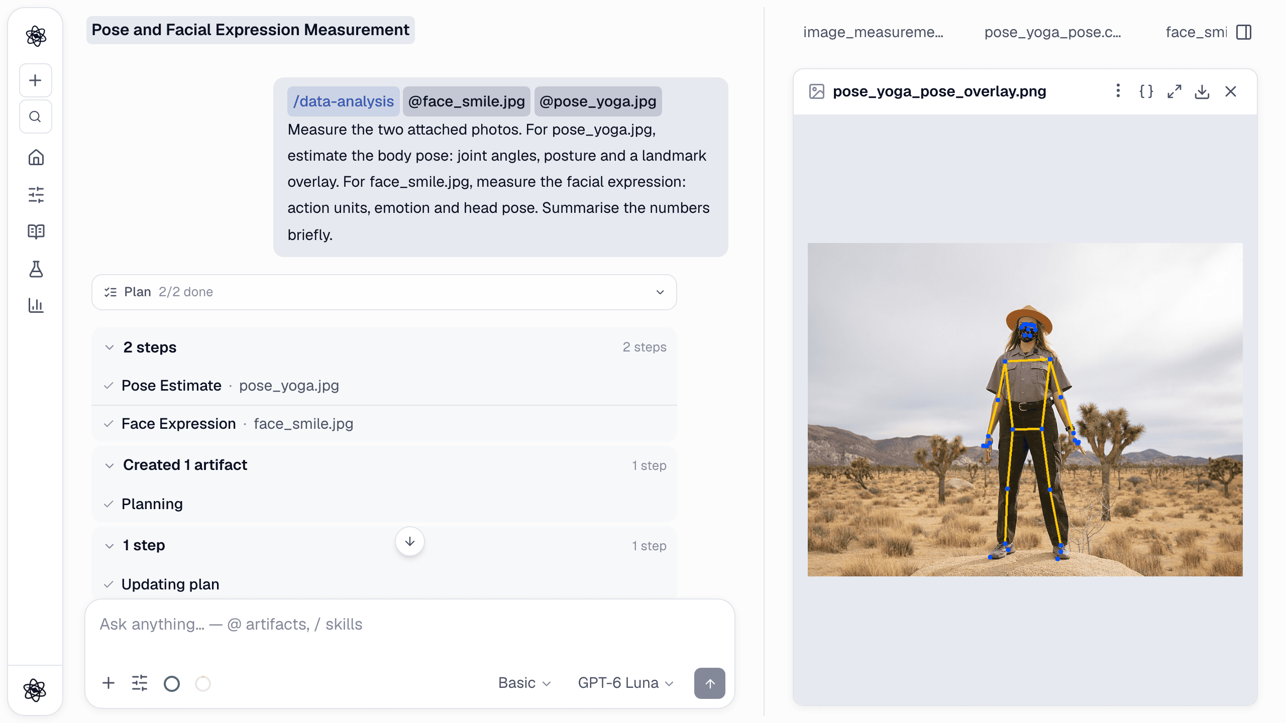 The chat measuring two photos: the request with both images attached, then a pose_estimate step and a face_expression step, with the pose overlay open.