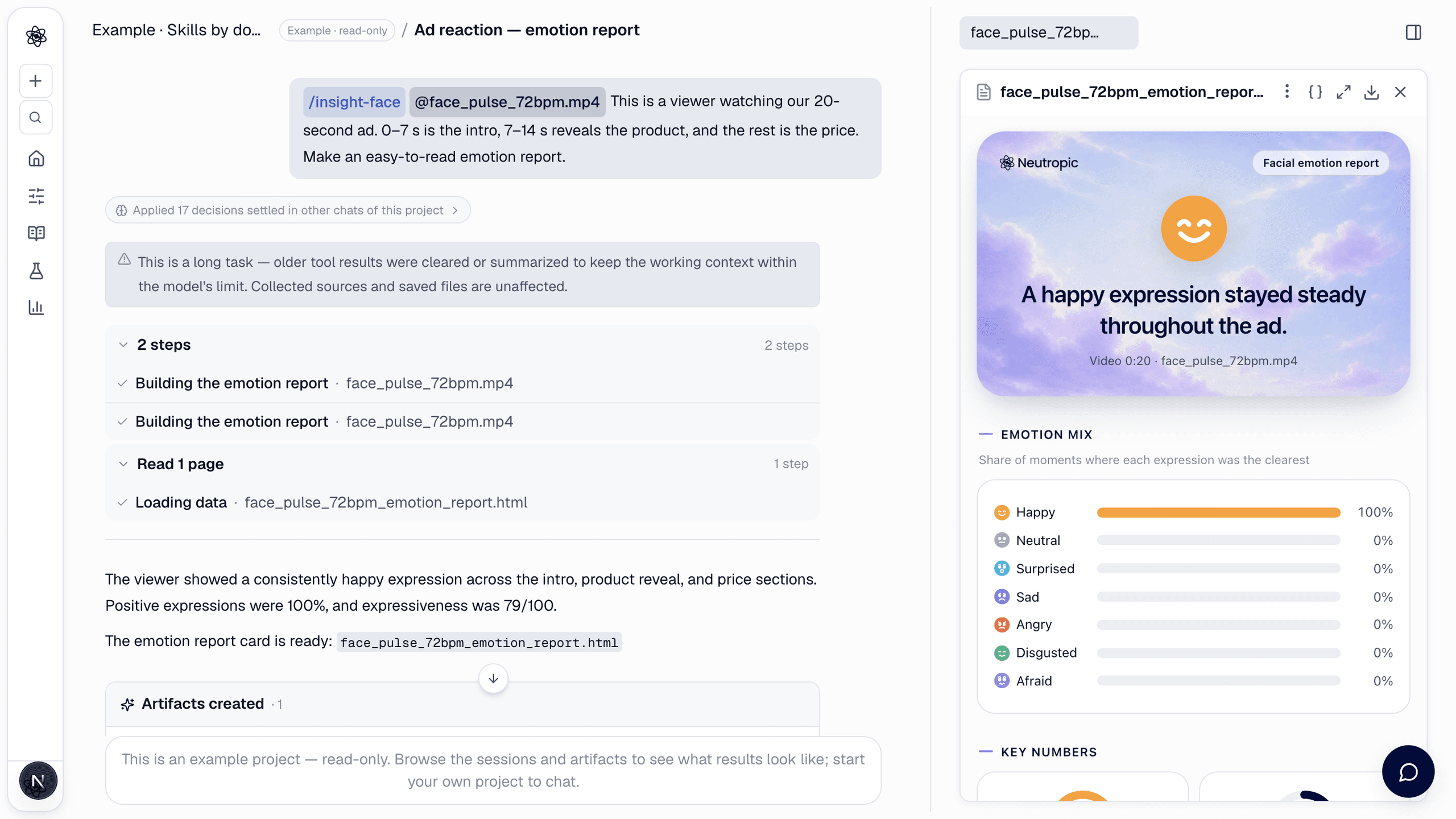 An emotion report for an ad-reaction clip, open next to the chat.