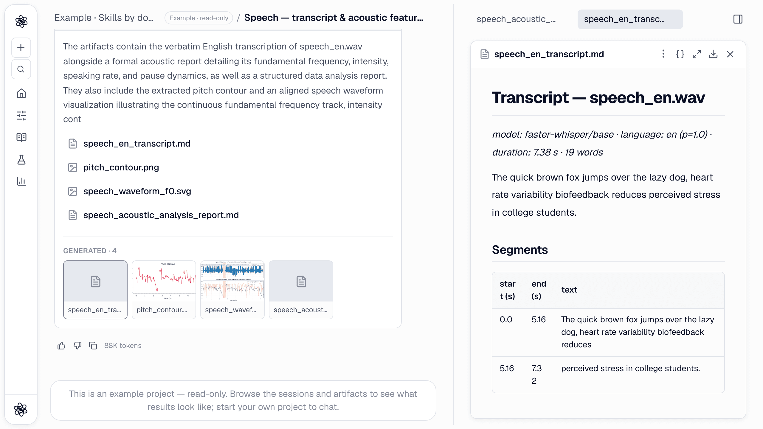 The transcript artifact: model, detected language, duration, and timestamped segments next to the chat that produced it.