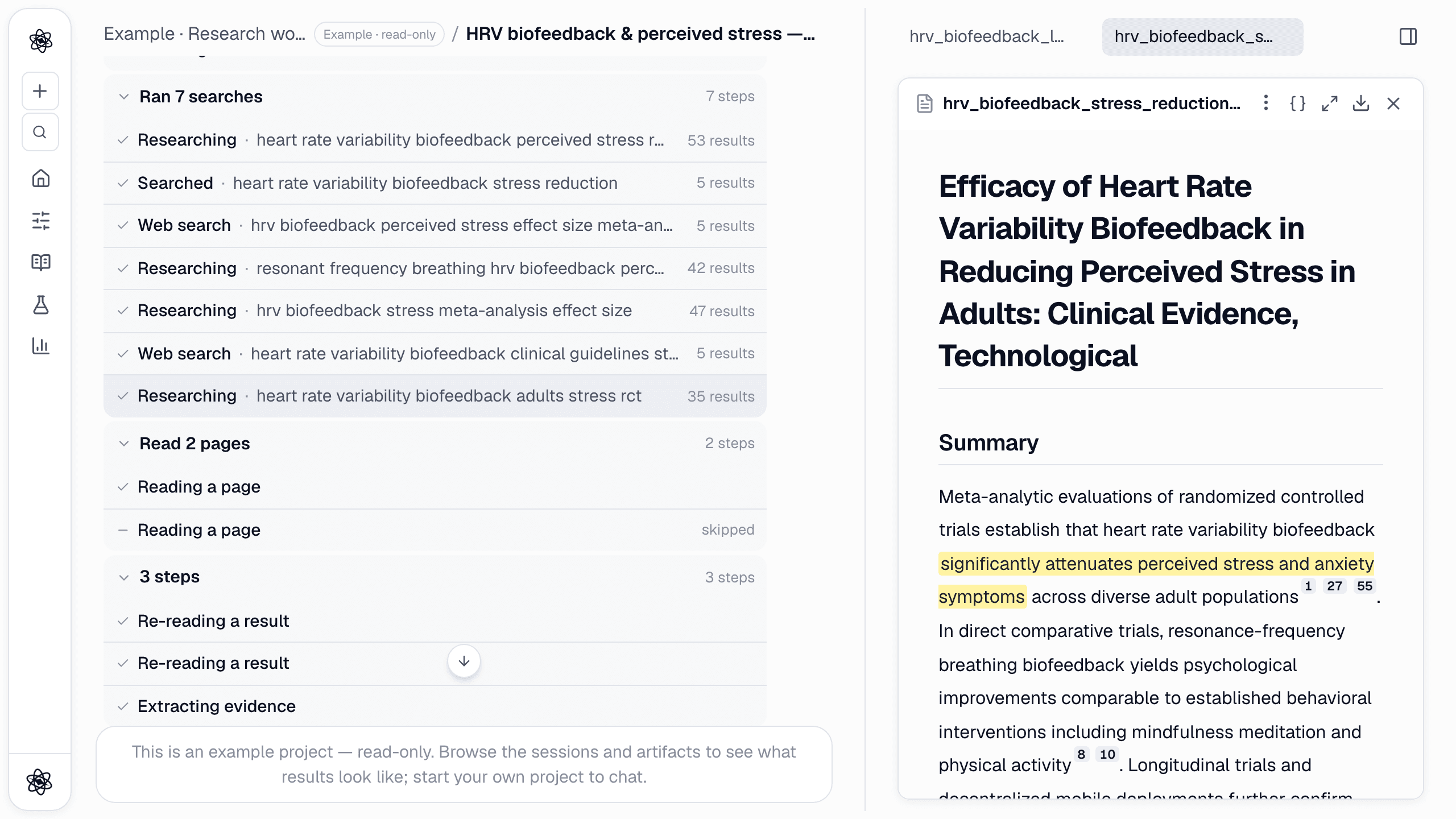 The literature turn's step list beside the review report: each search with its result count, and a report whose sentences carry numbered citations.