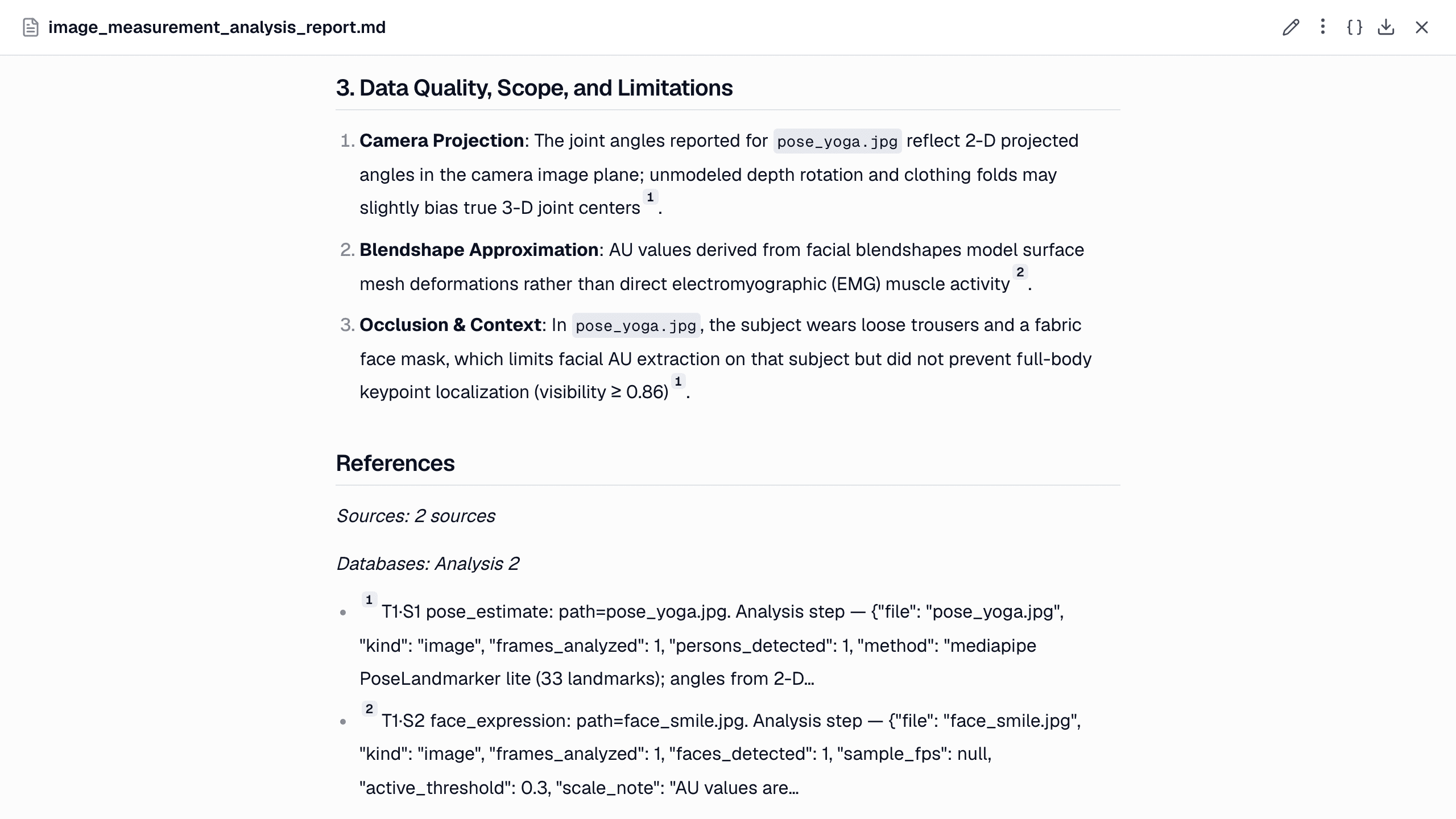 The report's limitations: joint angles are 2-D projections in the camera plane, AU values are blendshape approximations, and the mask in the photo limits facial analysis.
