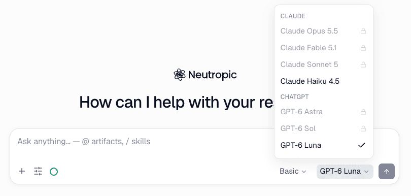 The model menu next to the send button. A lock marks models included with paid plans.