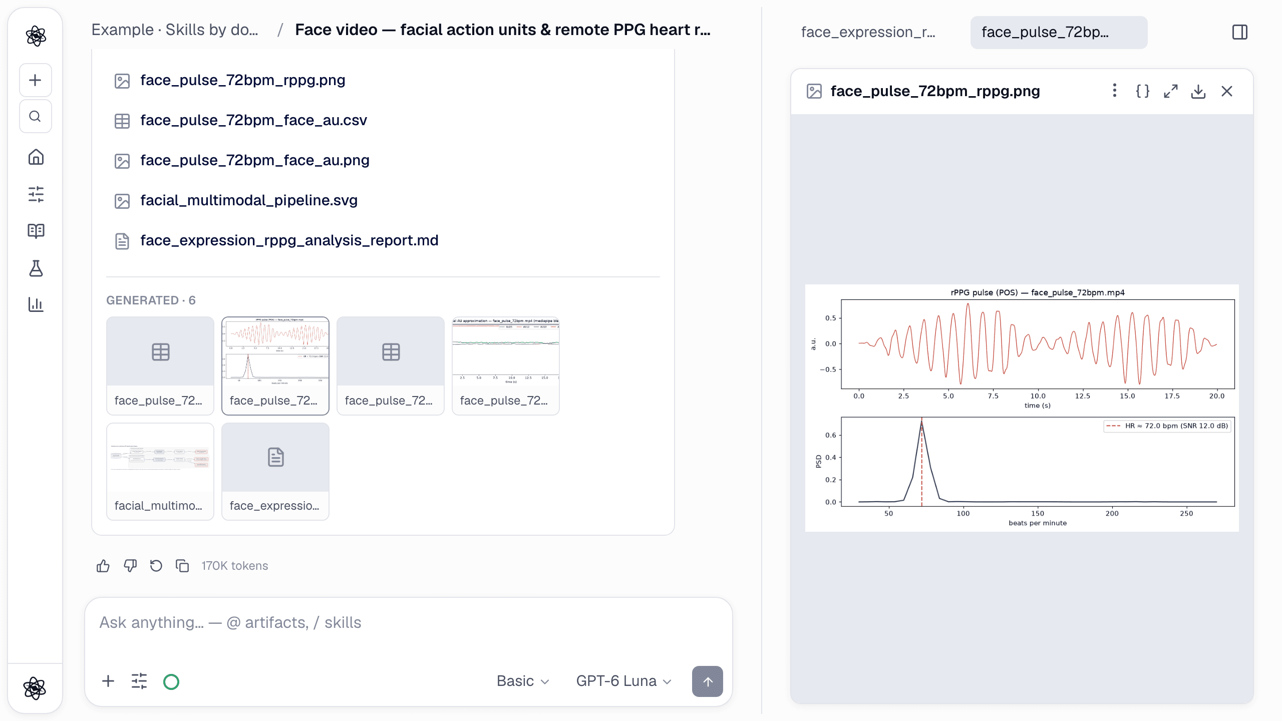 The face-video session with the rPPG figure open: the filtered pulse on top and its power spectrum below, with the heart-rate line and SNR in the legend.