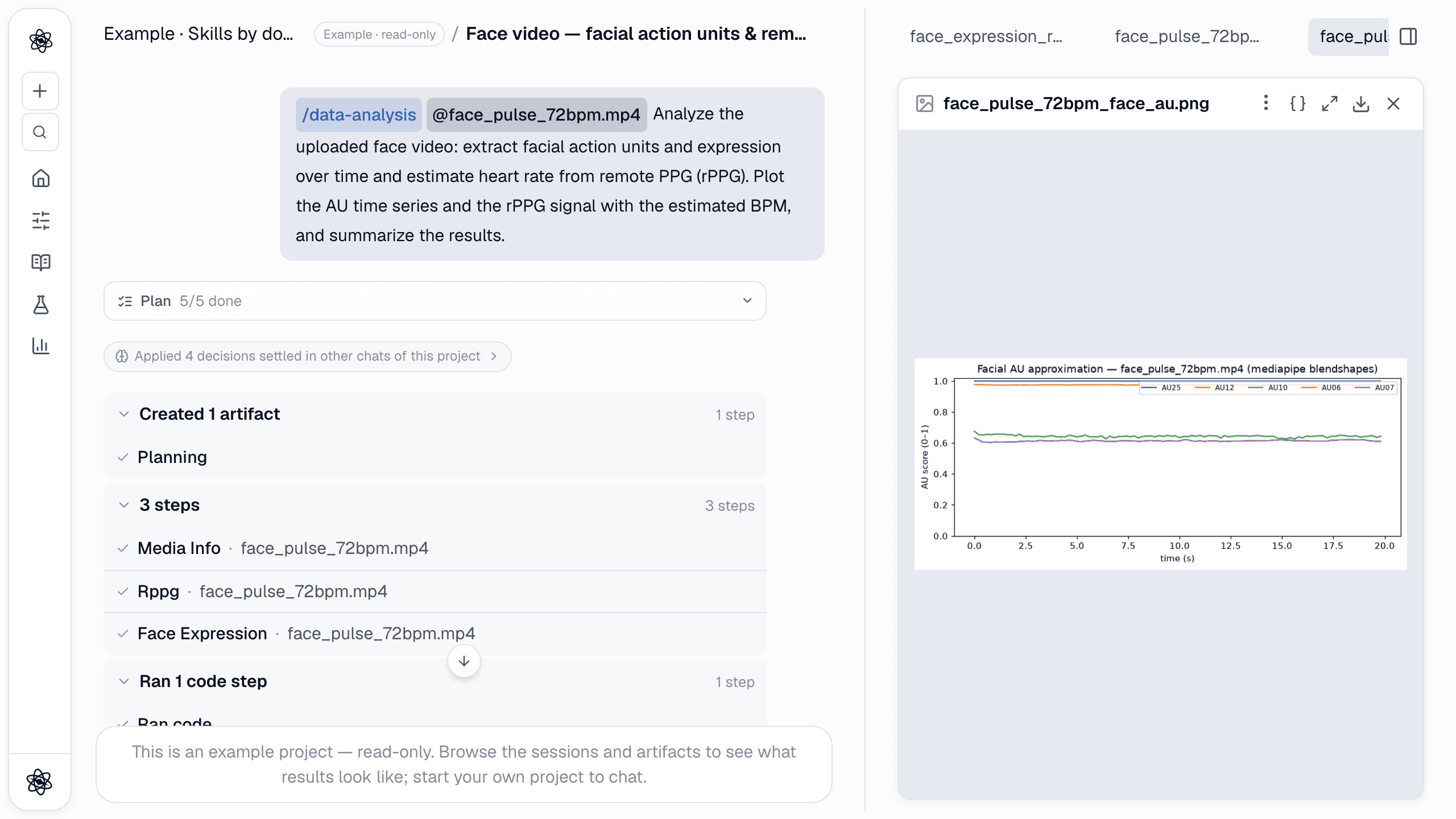 The steps in the chat: media_info, then rppg, then face_expression, each with the file it ran on.