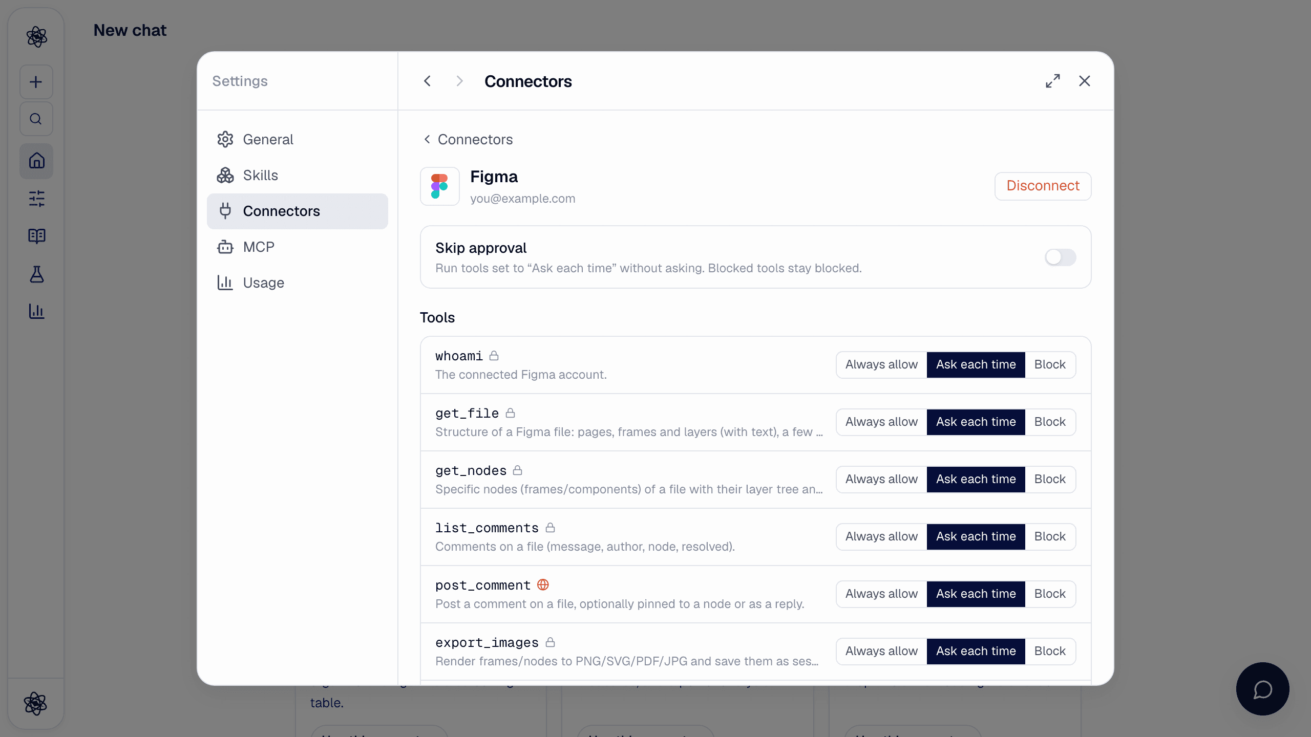 The Figma connector's detail view: Skip approval and the tool list with per-tool permissions.