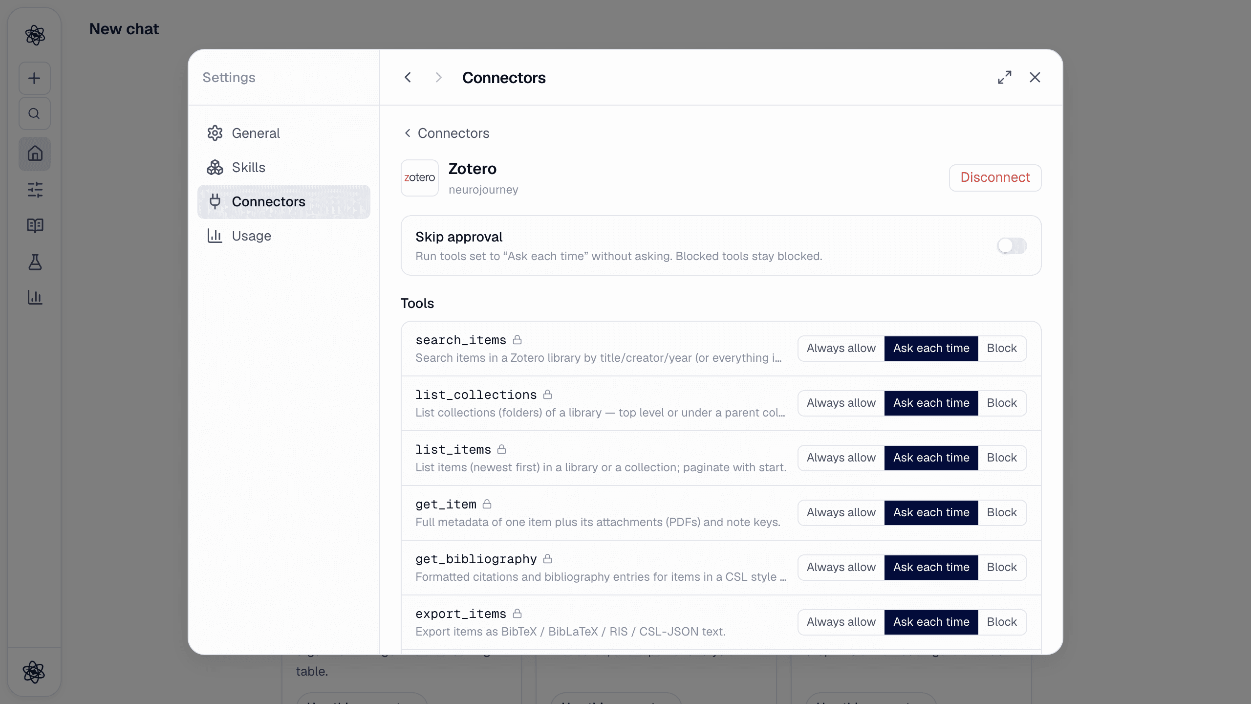 The Zotero connector's detail view: Skip approval and the tool list with per-tool permissions.